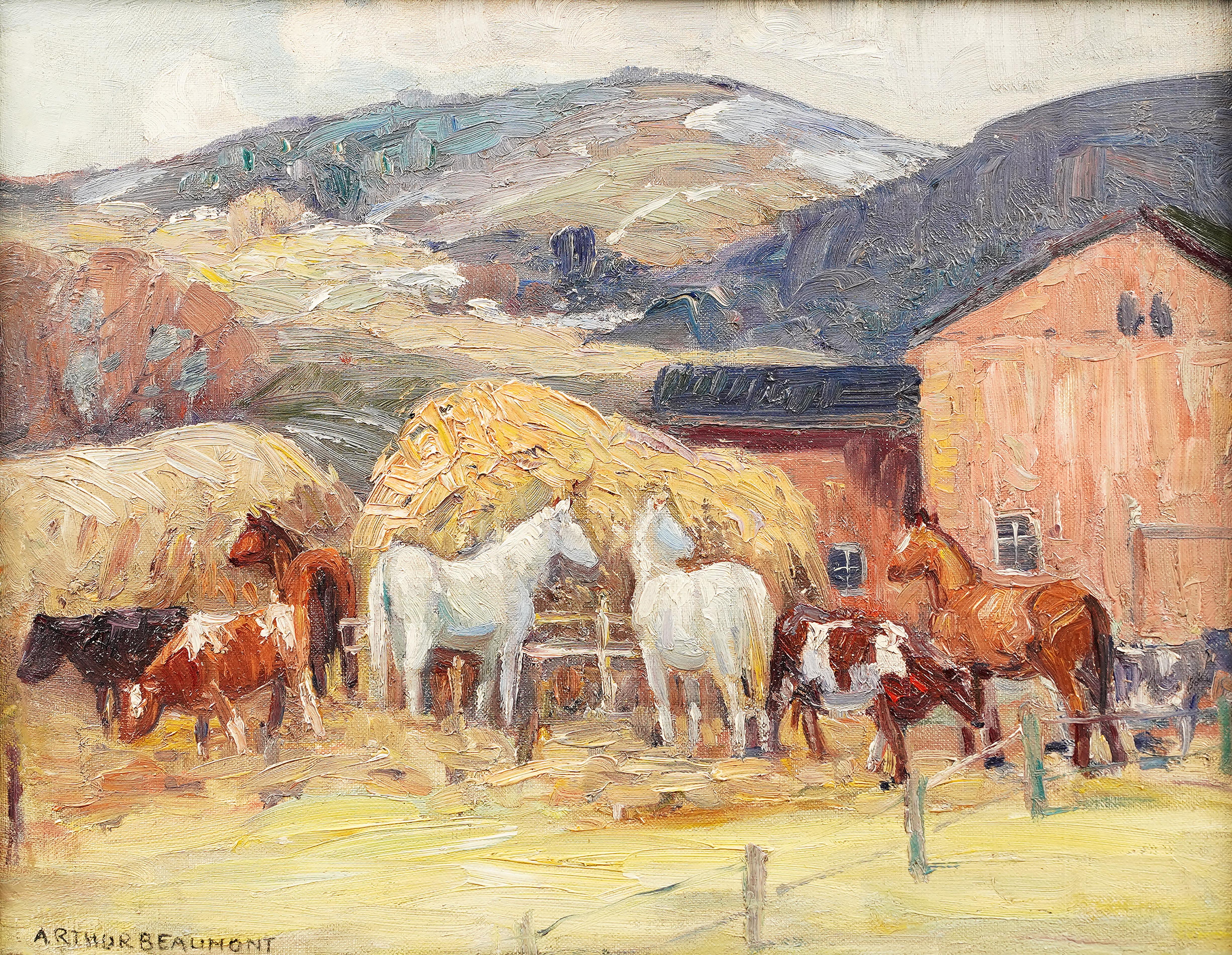  Peinture à l'huile ancienne de paysage de ferme à cheval d'hiver en Nouvelle-Angleterre, États-Unis - Marron Animal Painting par arthur beaumont