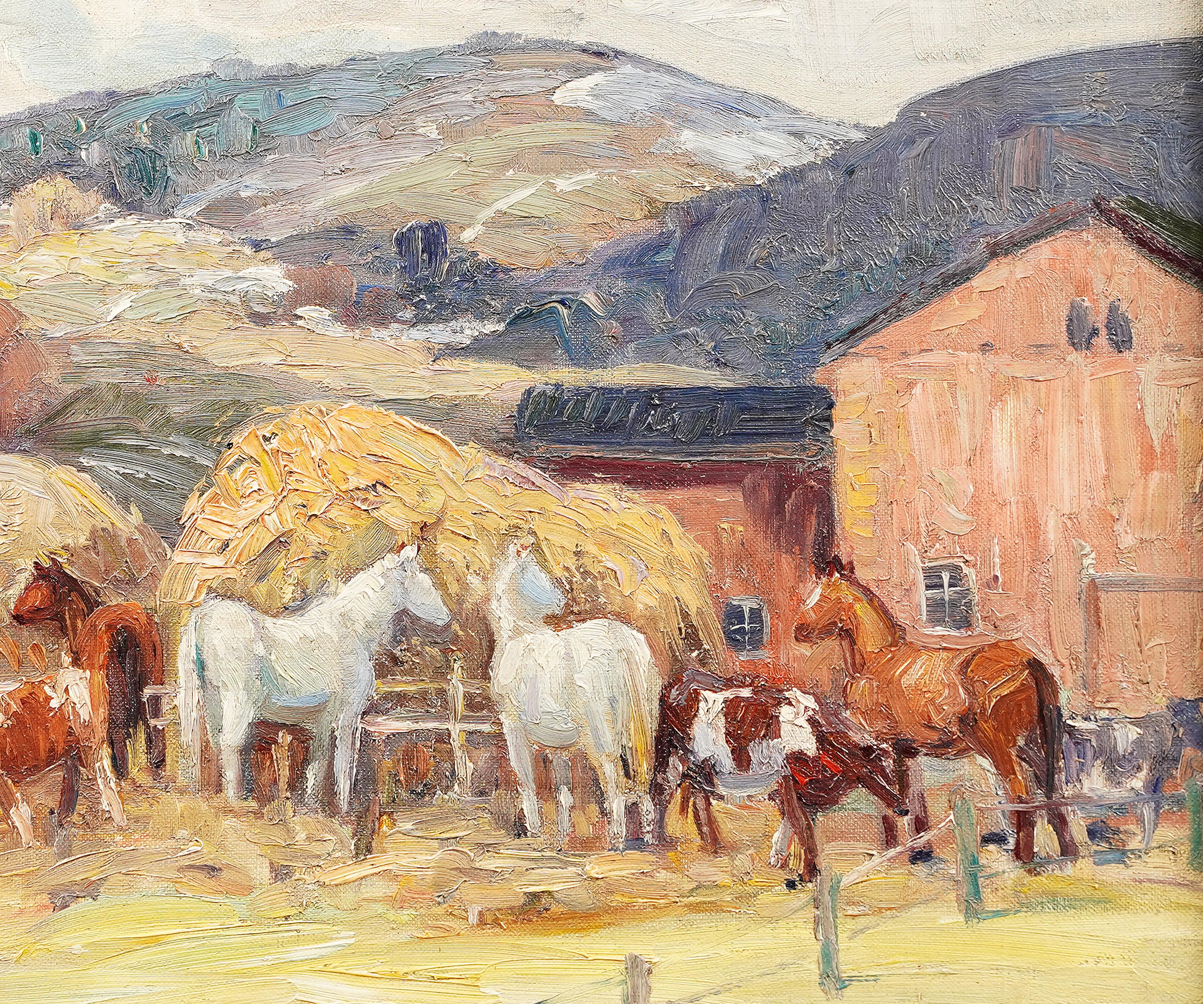  Peinture à l'huile ancienne de paysage de ferme à cheval d'hiver en Nouvelle-Angleterre, États-Unis en vente 1