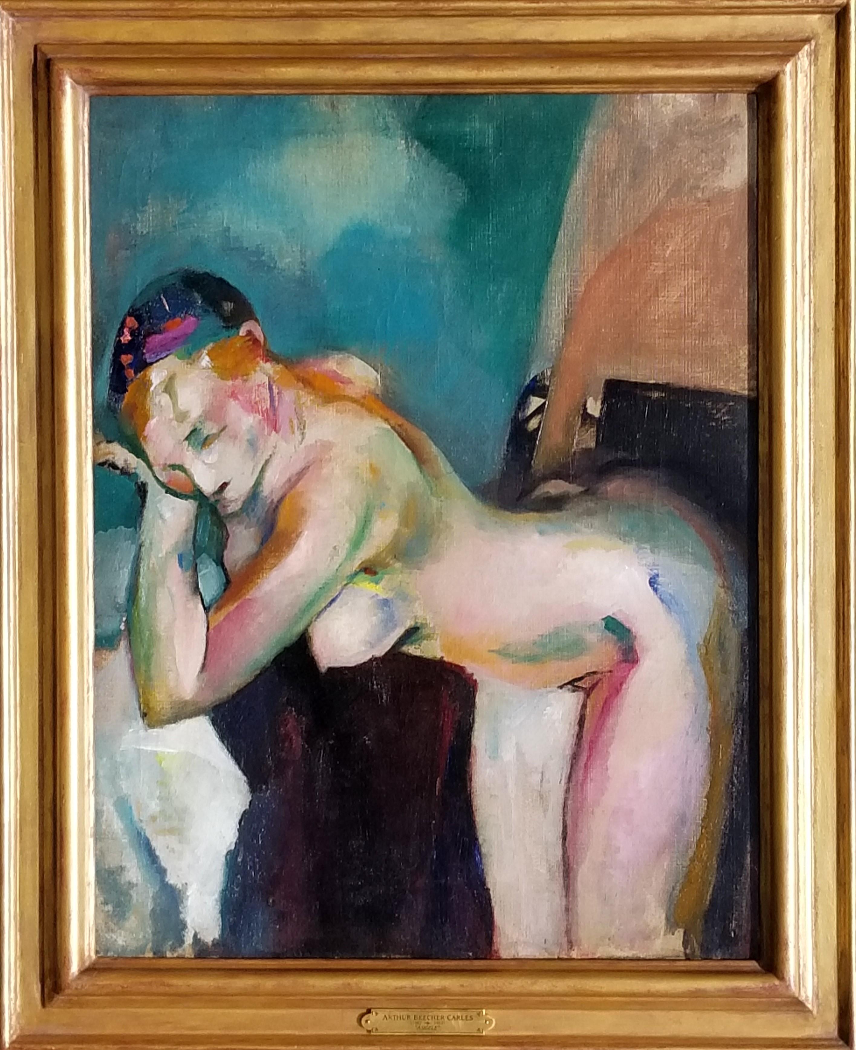 Angele in the Studio, Paris - Brown Nude Painting by Arthur Beecher Carles