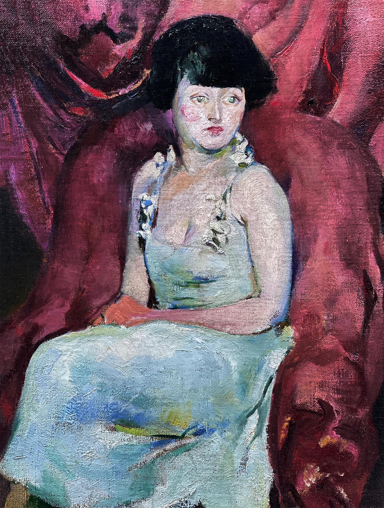 Portrait of a Charming Seated Woman Against Maroon Drapes For Sale 4
