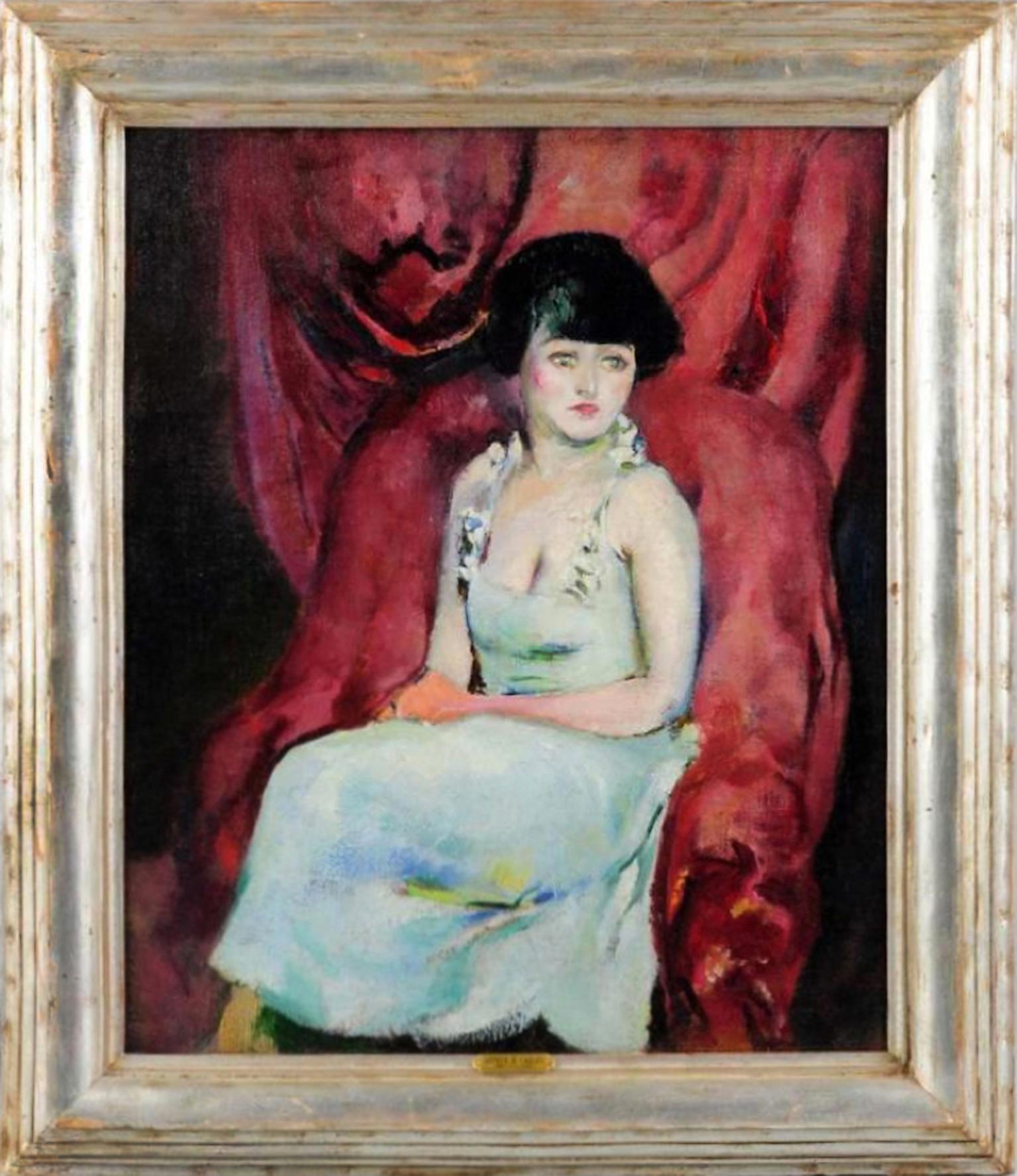 Portrait of a Charming Seated Woman Against Maroon Drapes - Painting by Arthur Beecher Carles