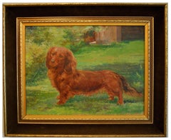 Portrait of a Dachshund - Signed 1940's Oil on Canvas Dog Animal Painting