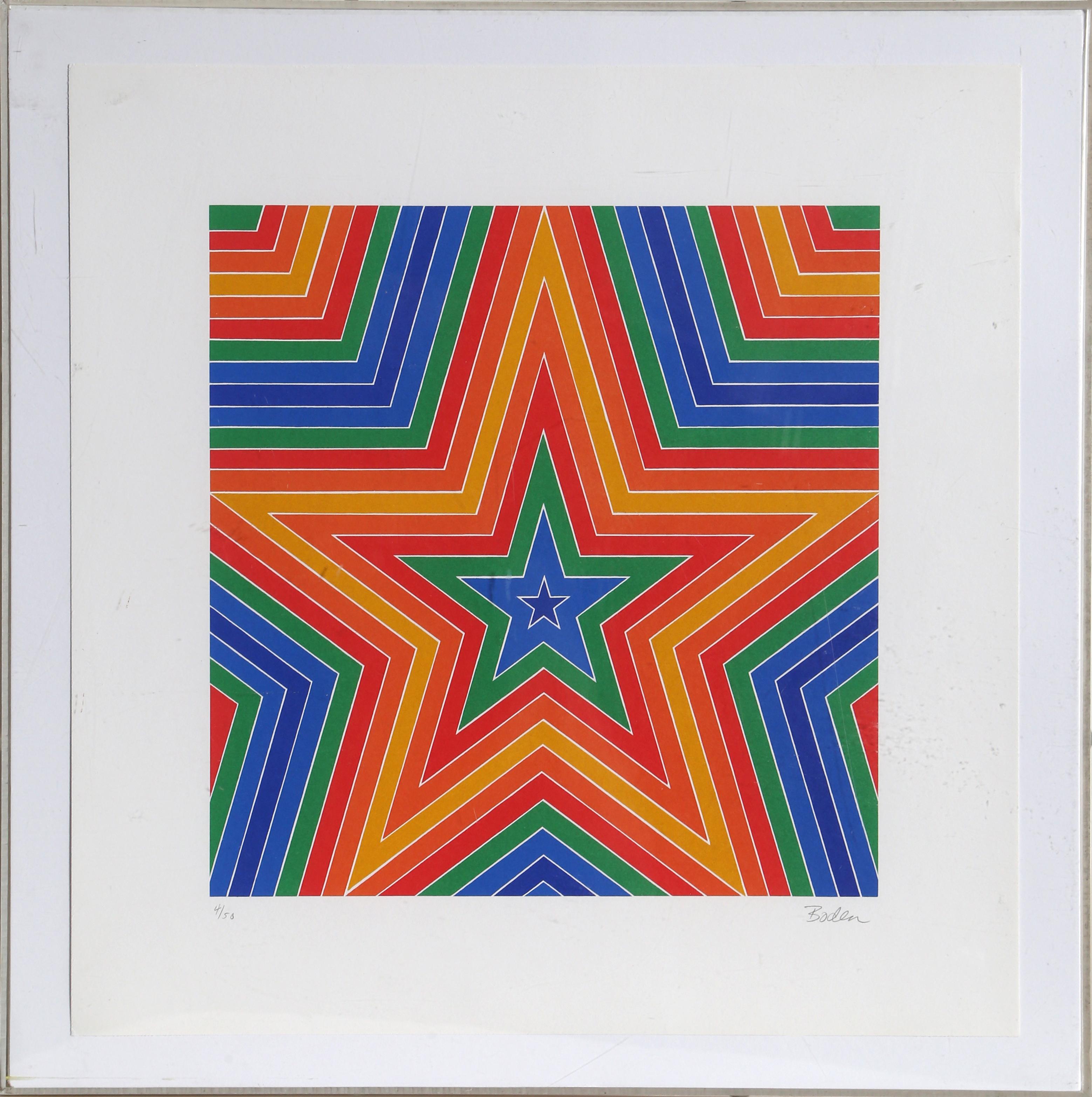 Artista: Arthur Boden, americano
Titolo: Stella
Anno: circa 1970
Medio: Serigrafia, firmata e numerata a matita
Edizione: 4/50
Dimensioni dell'immagine: 10 x 9,5 pollici
Dimensioni: 14 x 14 pollici
Dimensioni della scatola in plexi: 16 x 16 pollici
