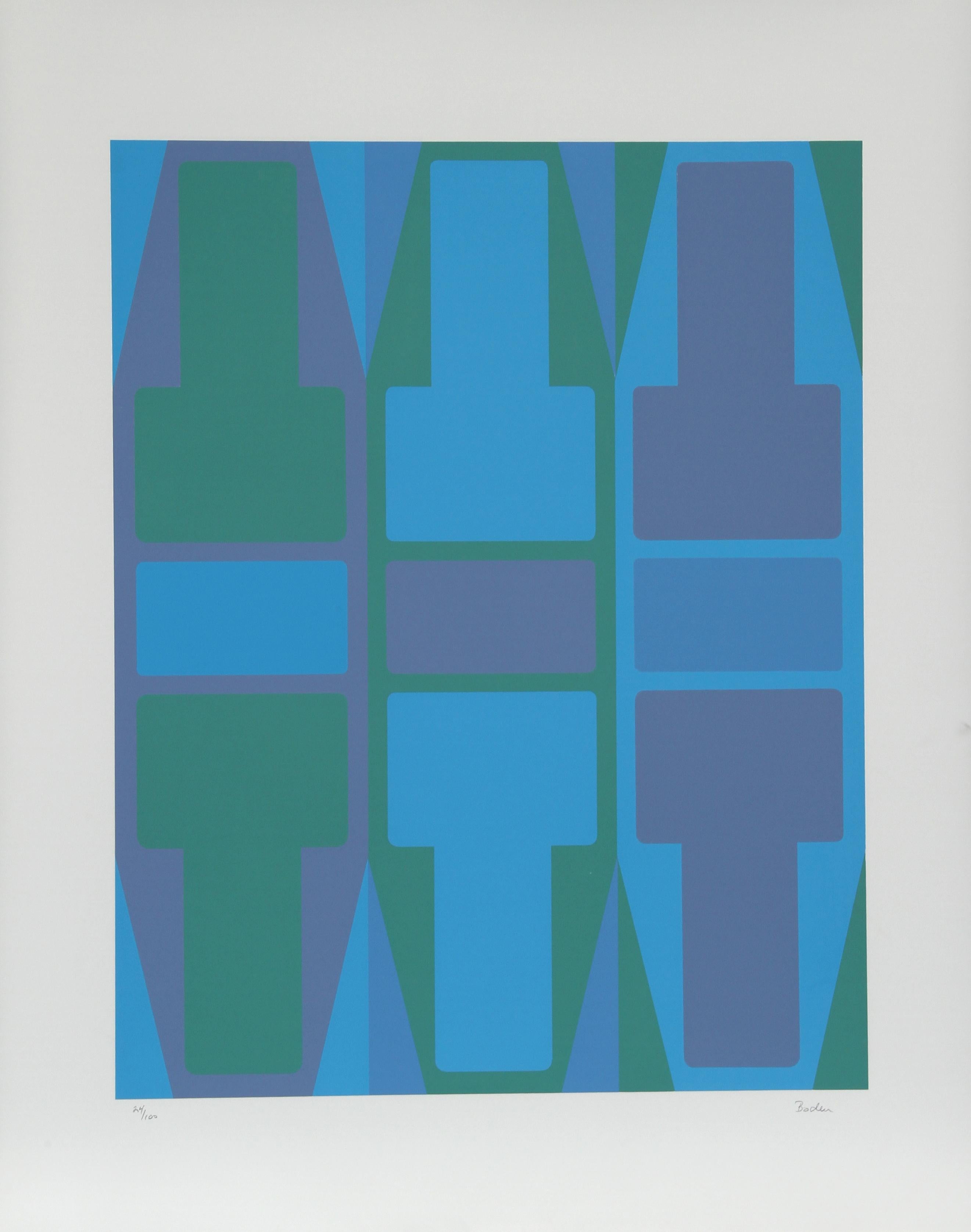 Artist: Arthur Boden, American
Title: T Series (Blue)
Year:  circa 1970
Medium:  Serigraph, signed and numbered in pencil
Edition:  100
Size:  29 in. x 23 in. (73.66 cm x 58.42 cm) 