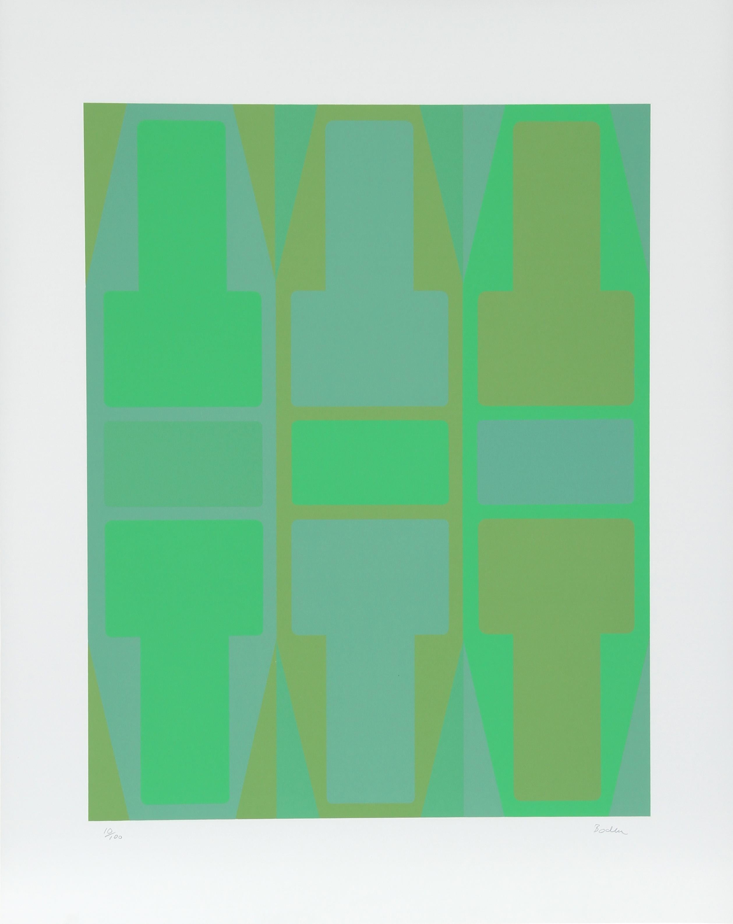 Artist: Arthur Boden, American
Title: T Series (Green)
Year:  circa 1970
Medium:  Serigraph, signed and numbered in pencil
Edition:  100
Size:  29 in. x 23 in. (73.66 cm x 58.42 cm) 