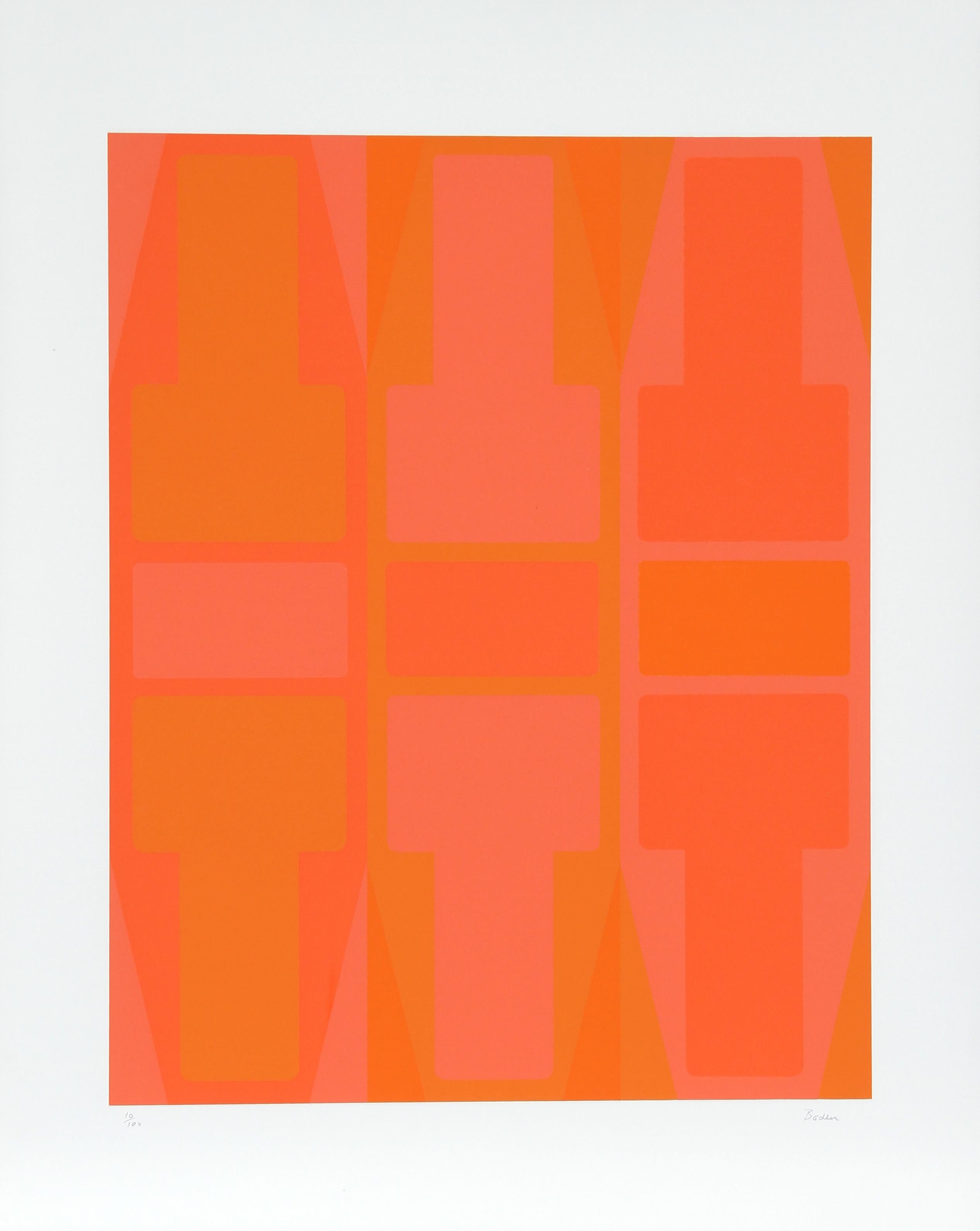 Artist: Arthur Boden, American
Title: T Series (Orange)
Year:  circa 1970
Medium:  Serigraph, signed and numbered in pencil
Edition:  100
Size:  29 in. x 23 in. (73.66 cm x 58.42 cm) 
