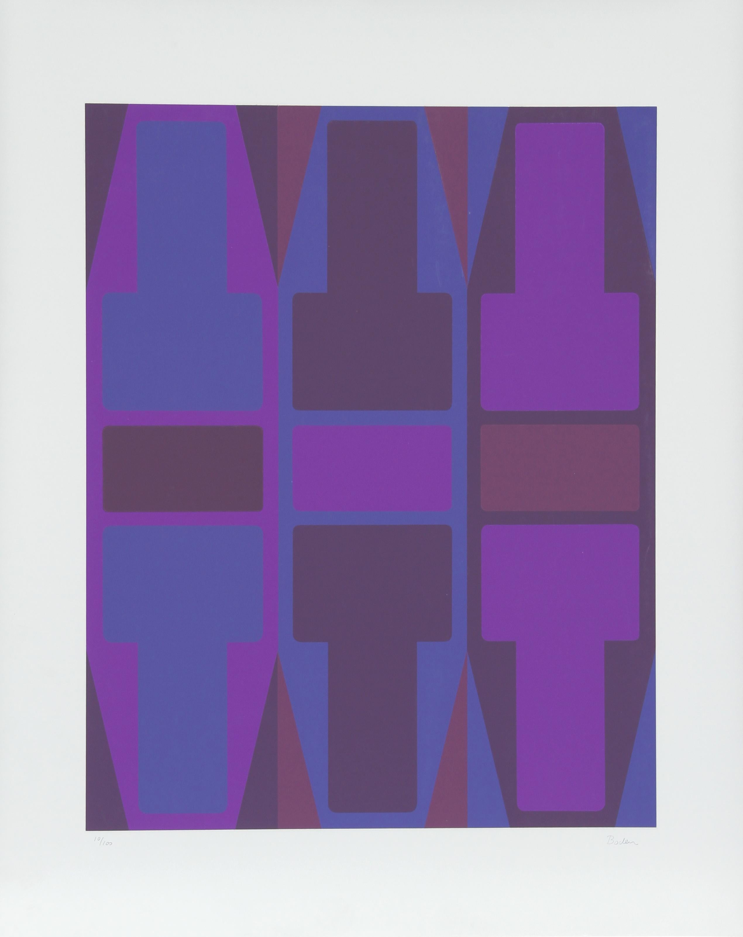 Artist: Arthur Boden, American
Title: T Series (Purple)
Year:  circa 1970
Medium:  Screenprint, signed and numbered in pencil
Edition:  100
Size:  29 in. x 23 in. (73.66 cm x 58.42 cm) 