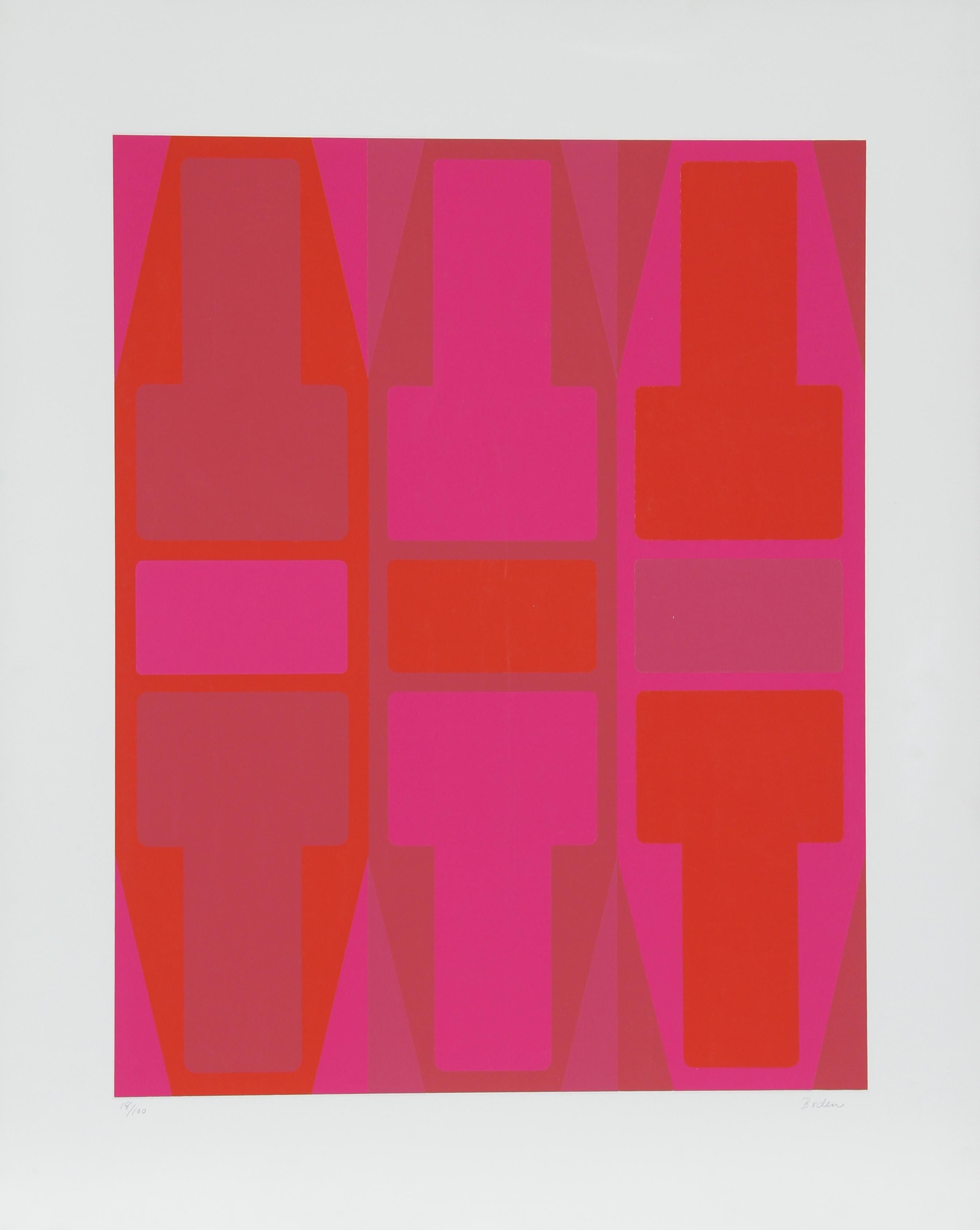 Artist: Arthur Boden, American
Title: T Series (Red)
Year:  circa 1970
Medium:  Serigraph, signed and numbered in pencil
Edition:  100
Size:  29 in. x 23 in. (73.66 cm x 58.42 cm) 
