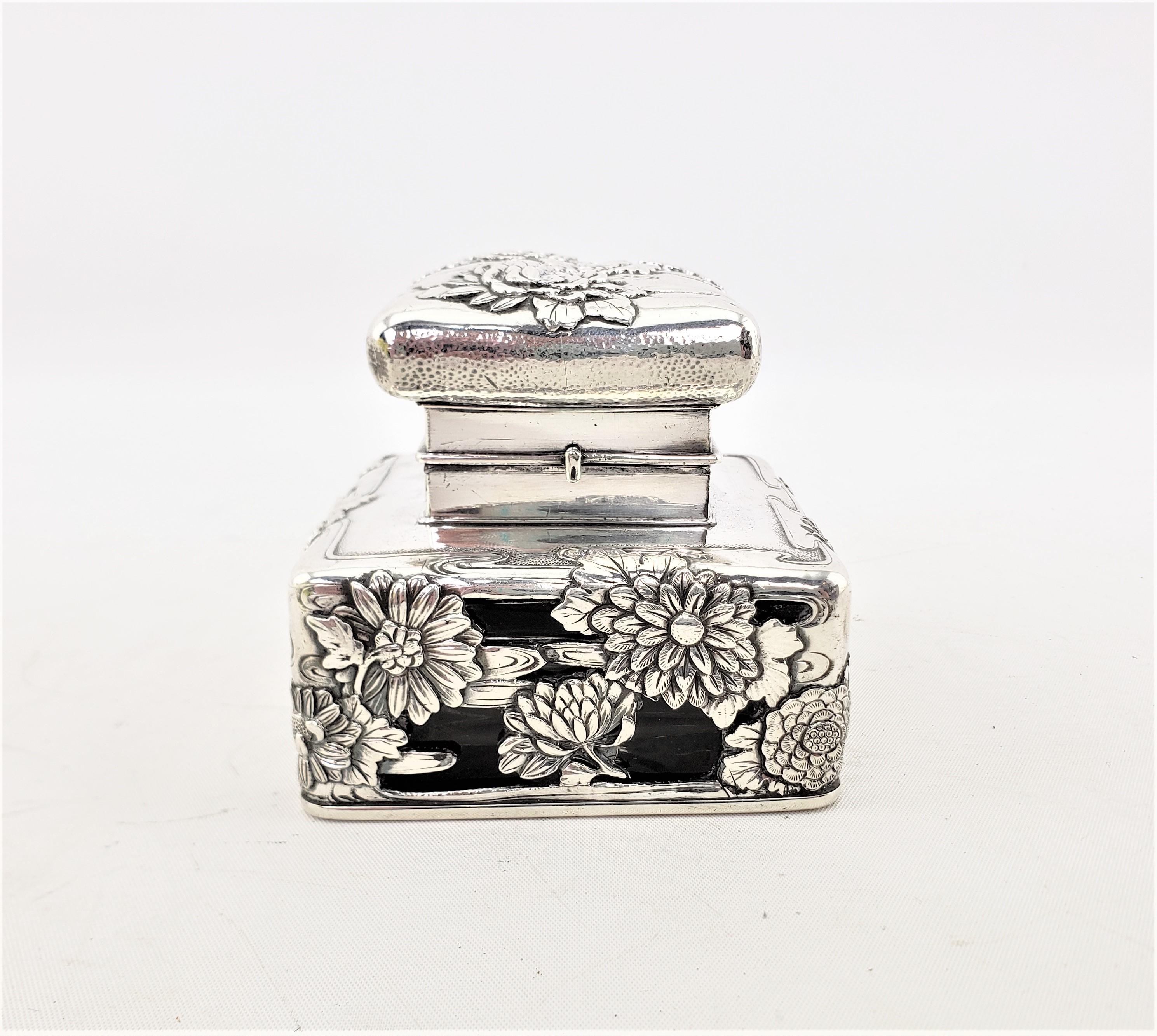 Anglo-Japanese Arthur & Bond Sterling Silver Inkwell with Repousse & Chased Water Lilies For Sale
