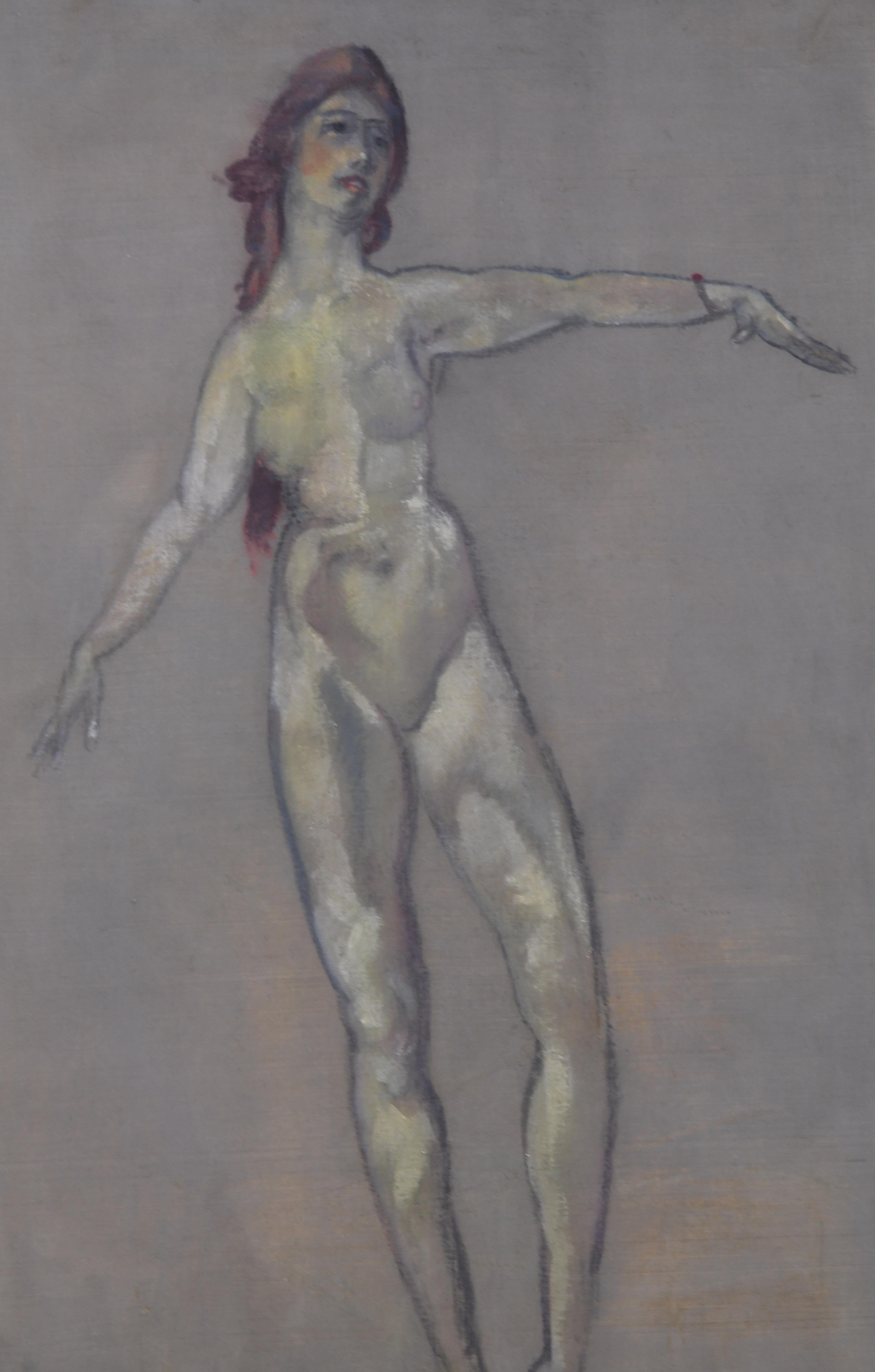 Standing Female Nude - Gray Nude Painting by Arthur Bowen Davies