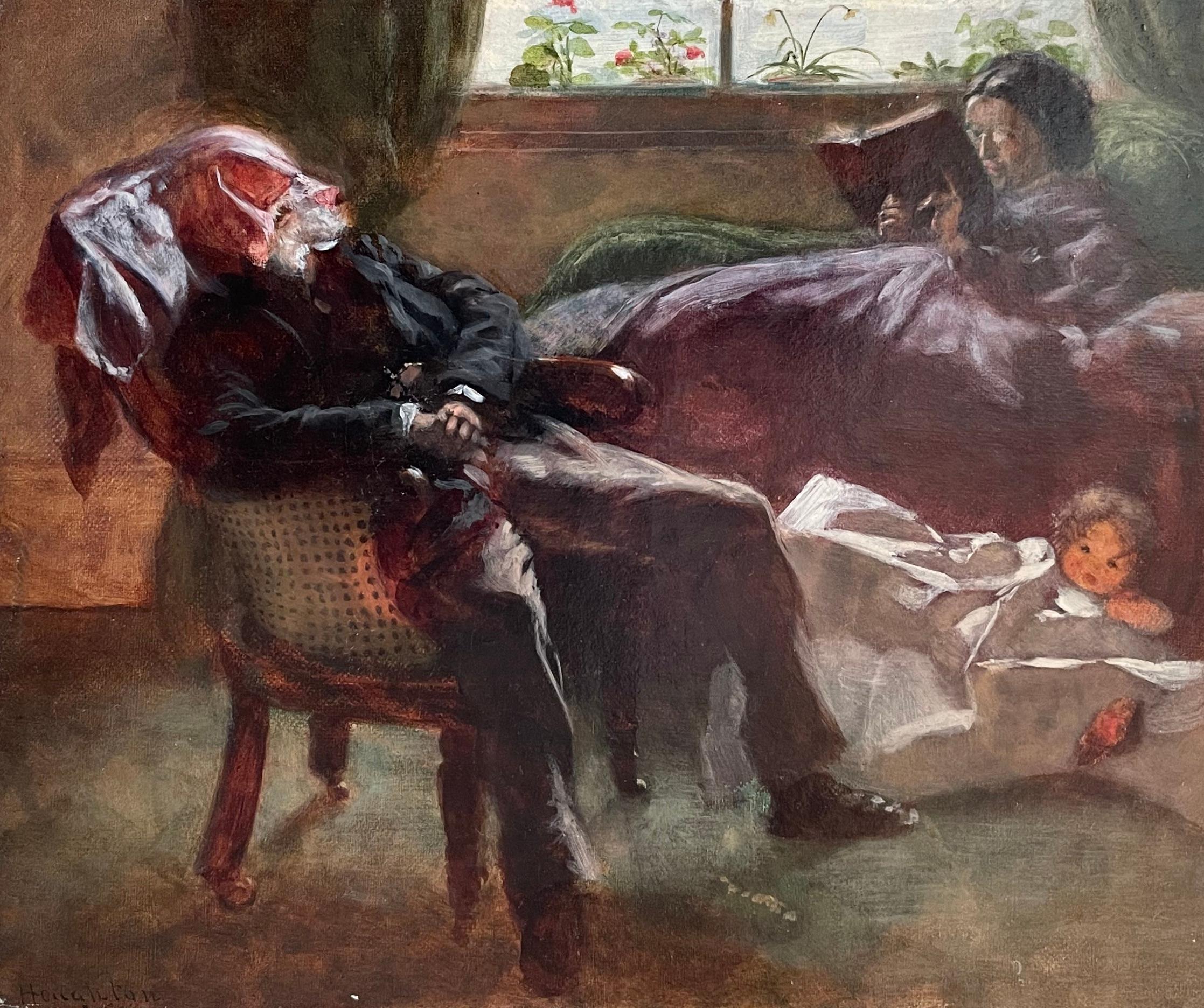 Arthur Boyd Houghton – viktorianisches Ölgemälde von Figuren in einem Interieur im Angebot 1