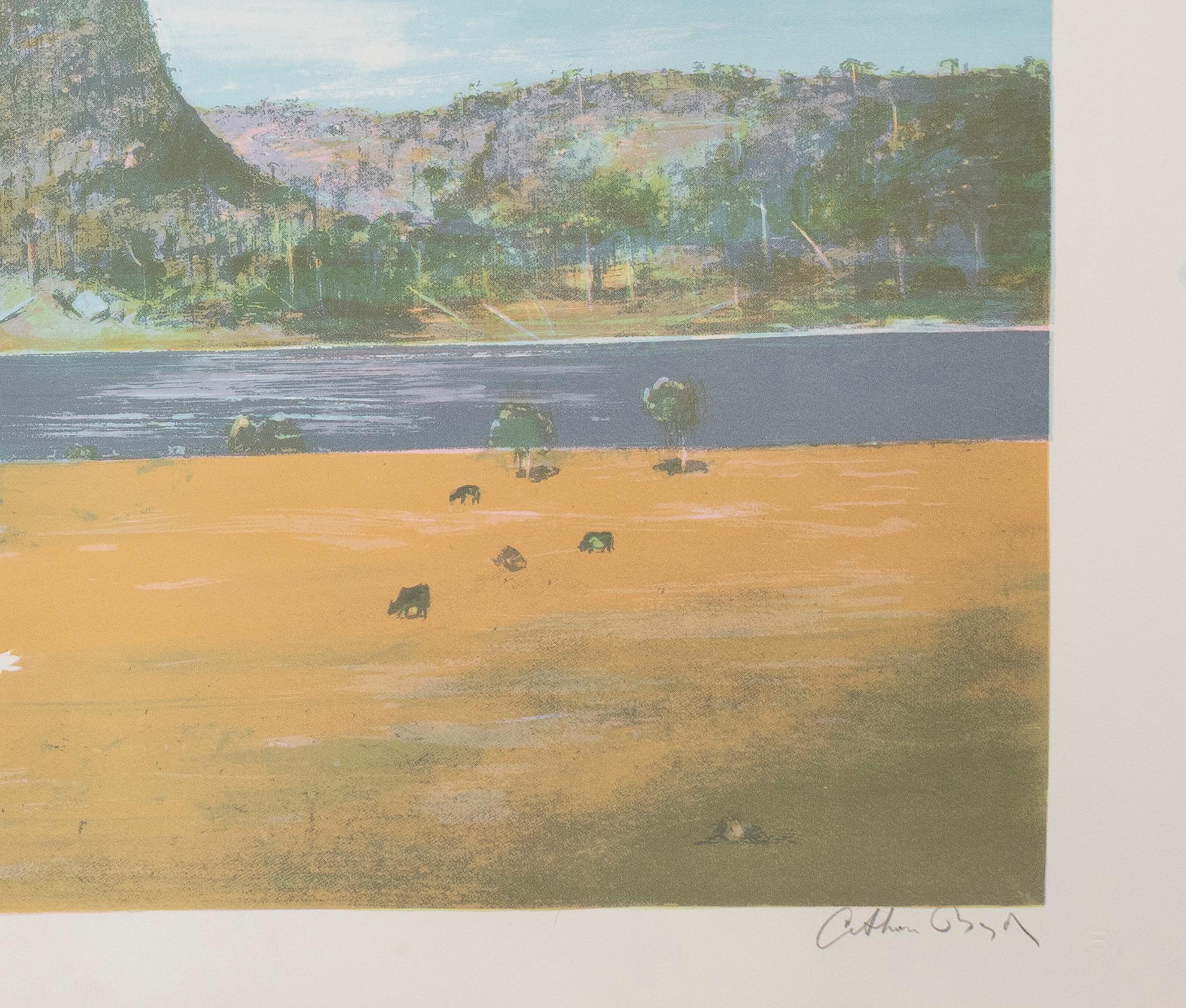 Kanzelfelsen und Kakadus (Grau), Landscape Print, von Arthur Boyd