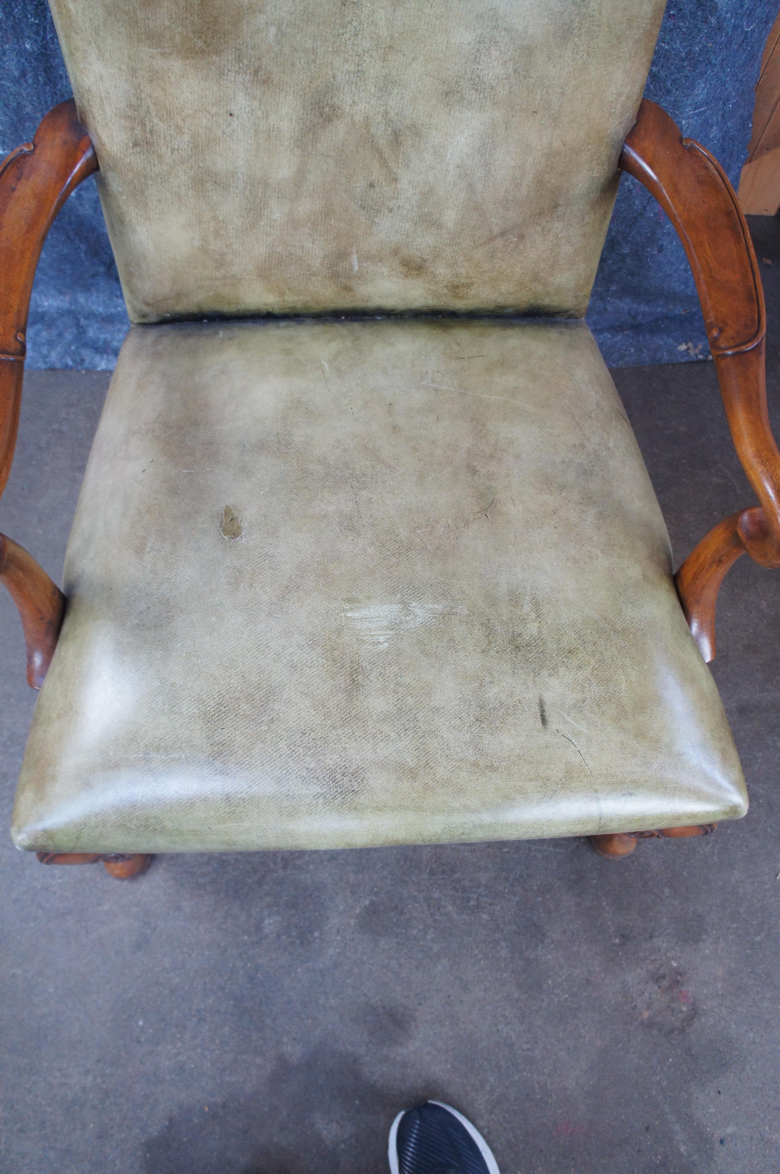 20th Century Arthur Brett English Georgian Style Mahogany Green Leather Gooseneck Armchair For Sale