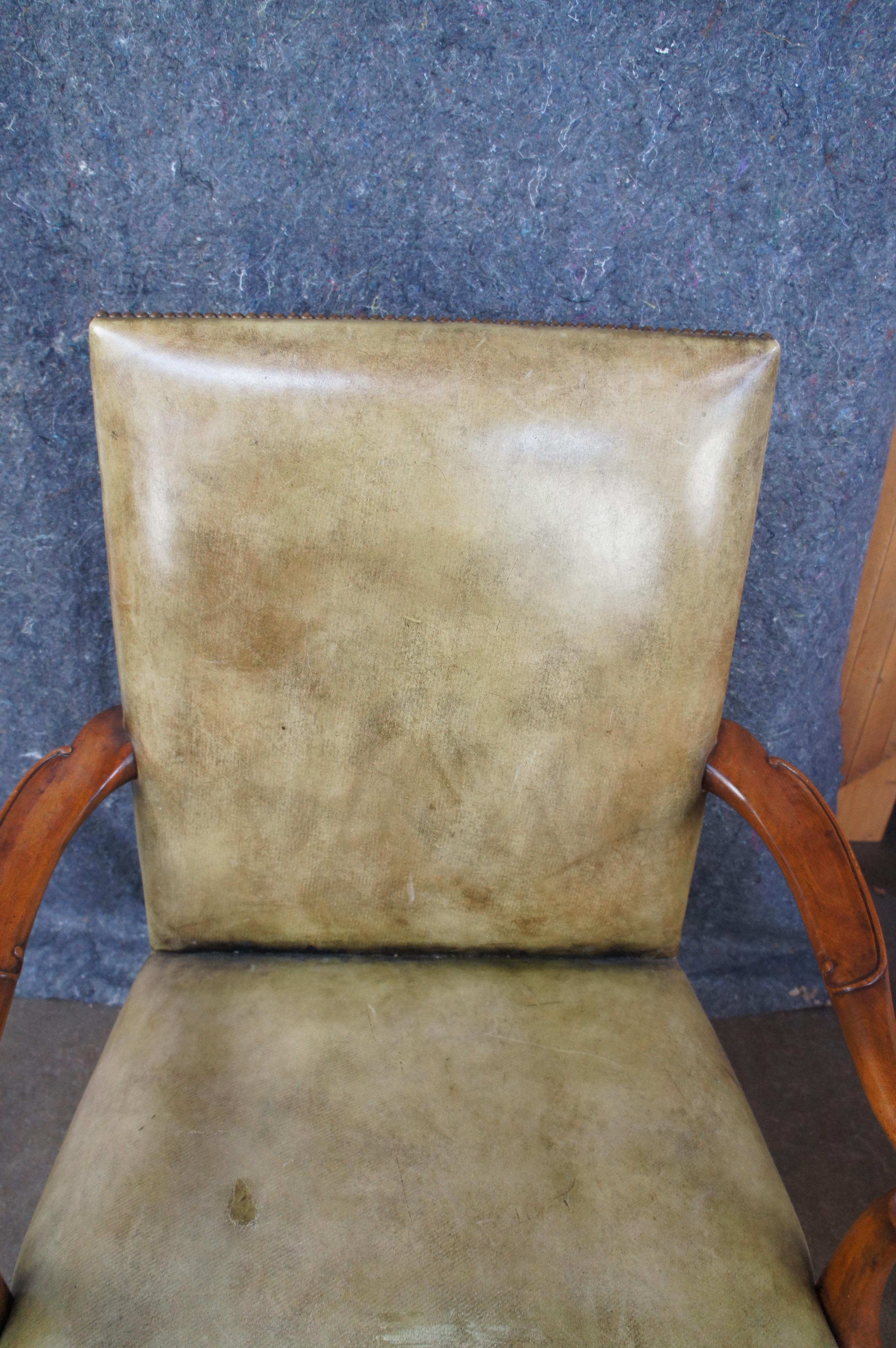 Arthur Brett English Georgian Style Mahogany Green Leather Gooseneck Armchair For Sale 1