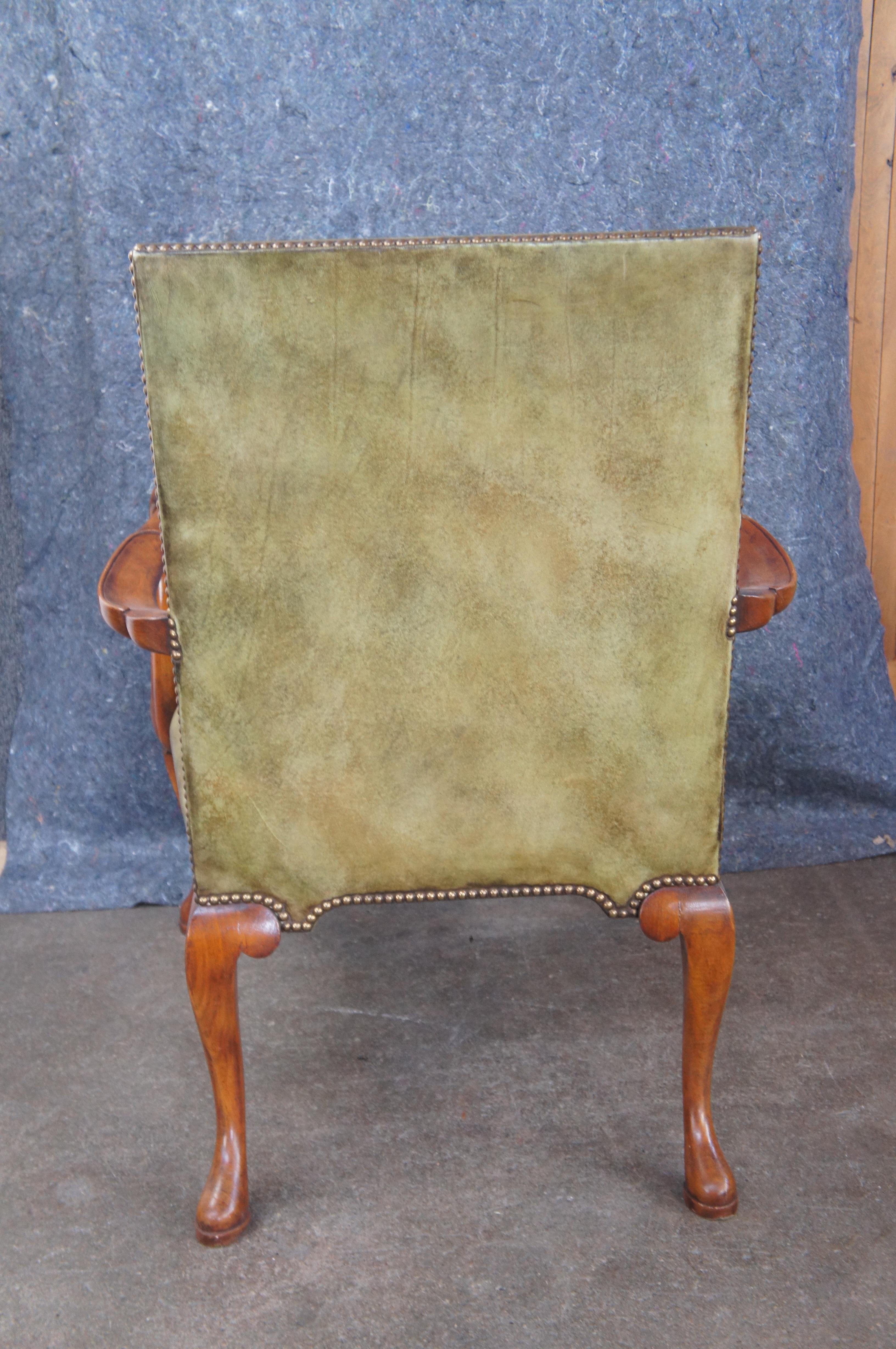 Arthur Brett English Georgian Style Mahogany Green Leather Gooseneck Armchair For Sale 5