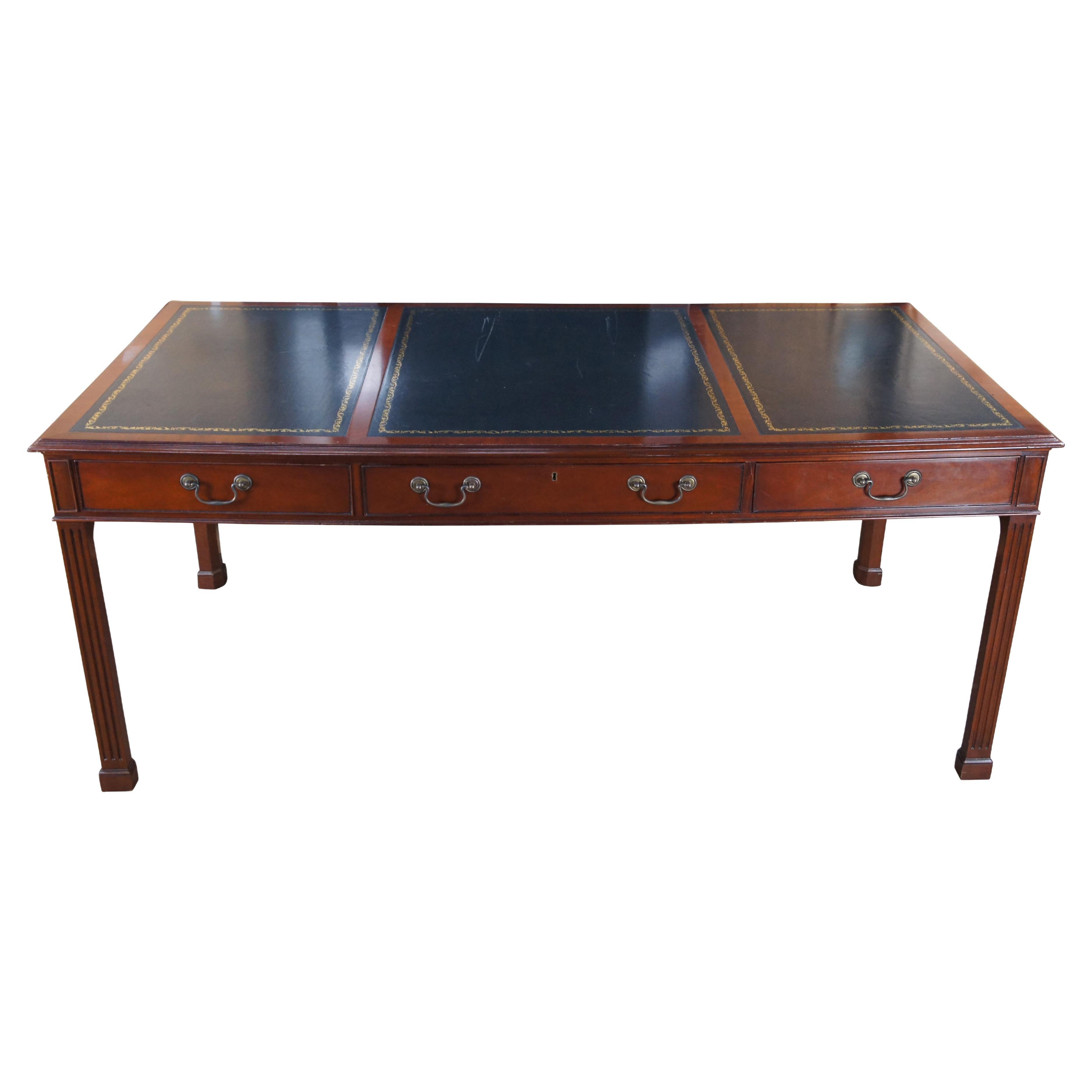 Arthur Brett English Traditional Mahogany Tooled Leather Top Executive Desk 72" For Sale