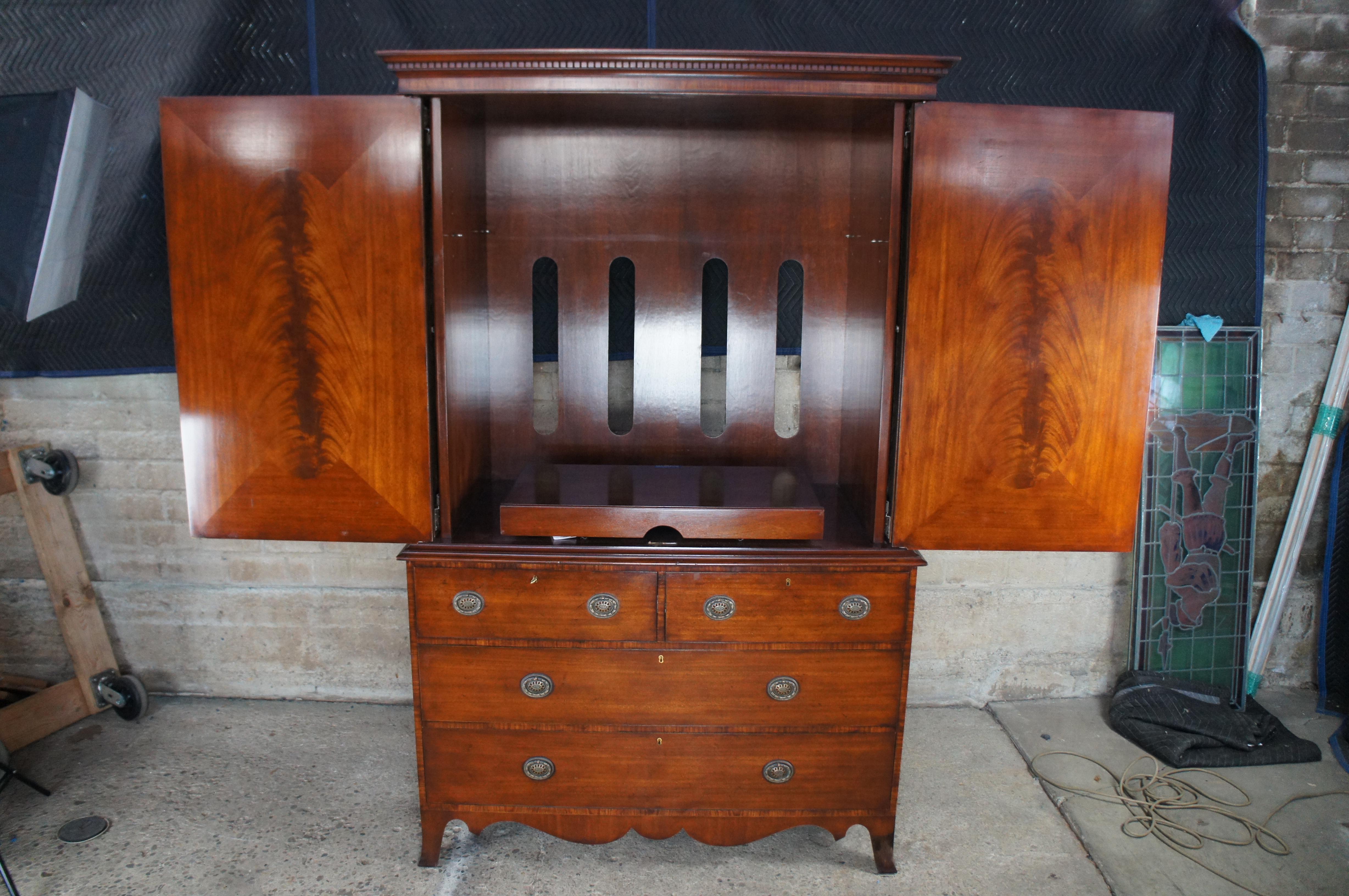 20th Century Arthur Brett George III English Crotch Mahogany Linen Press Wardrobe TV Cabinet For Sale