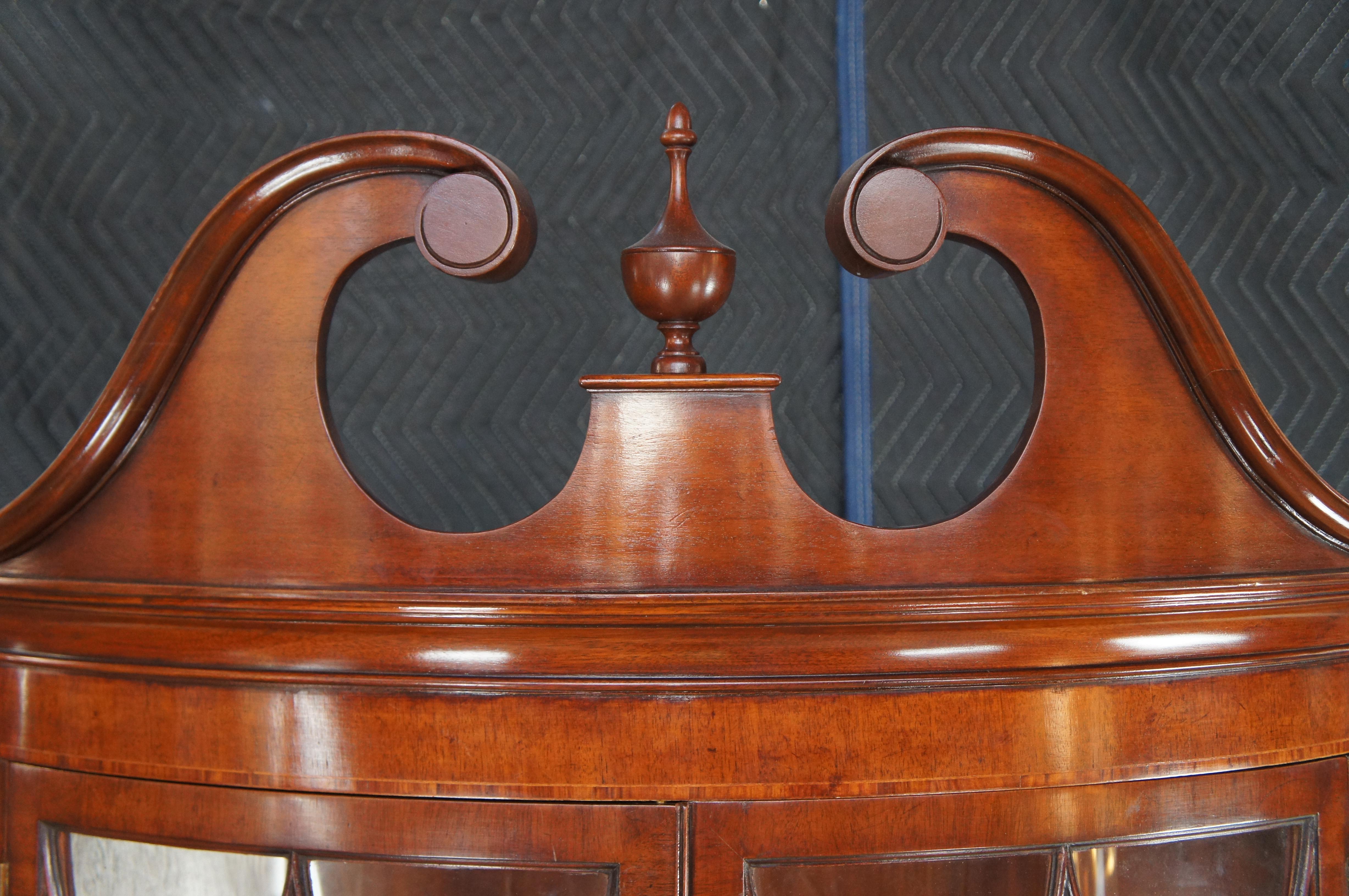 Late 20th Century Arthur Brett George III Style Crotch Mahogany Curved Corner China Curio Cabinet For Sale