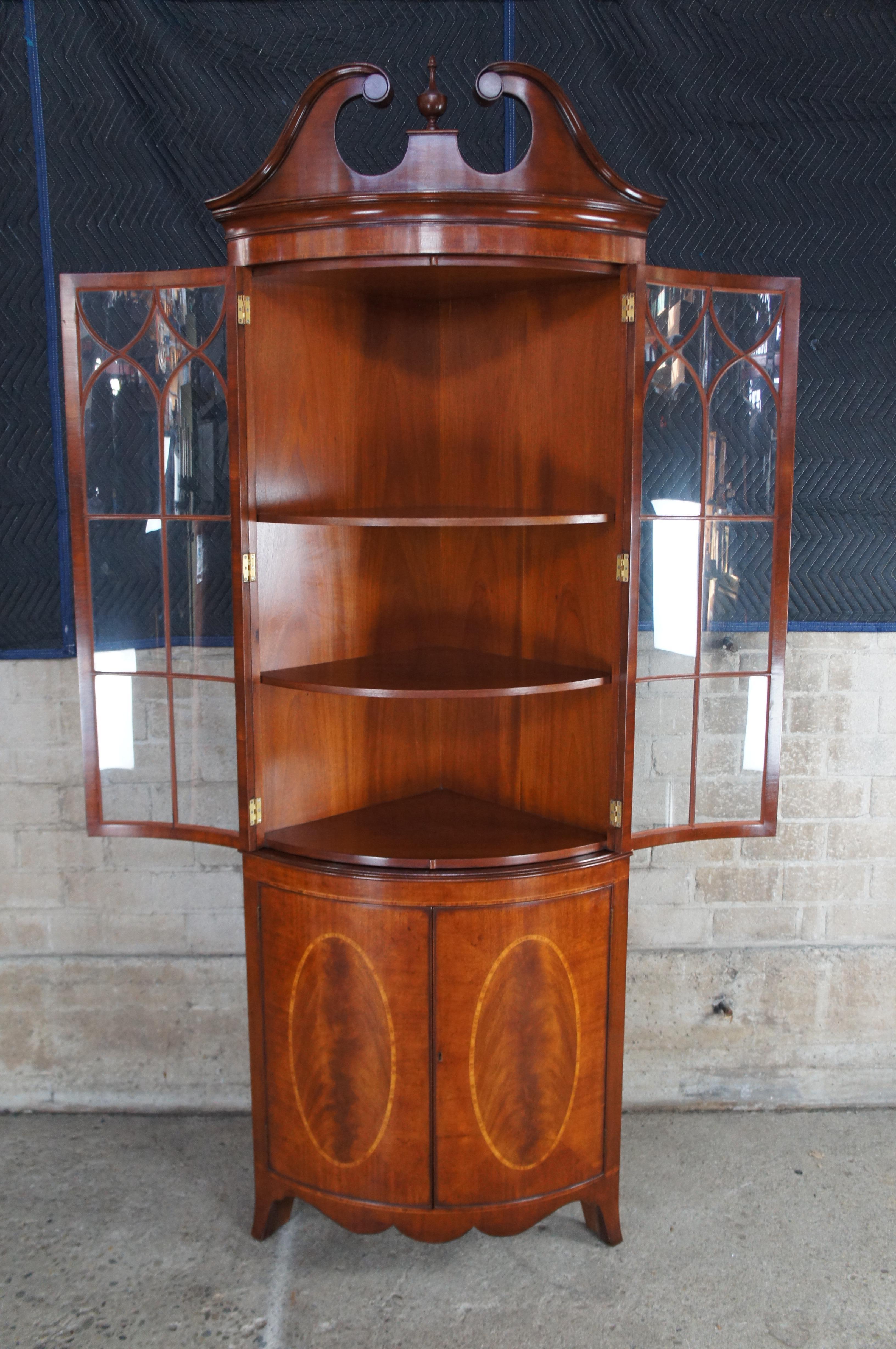 Arthur Brett George III Style Crotch Mahogany Curved Corner China Curio Cabinet For Sale 1