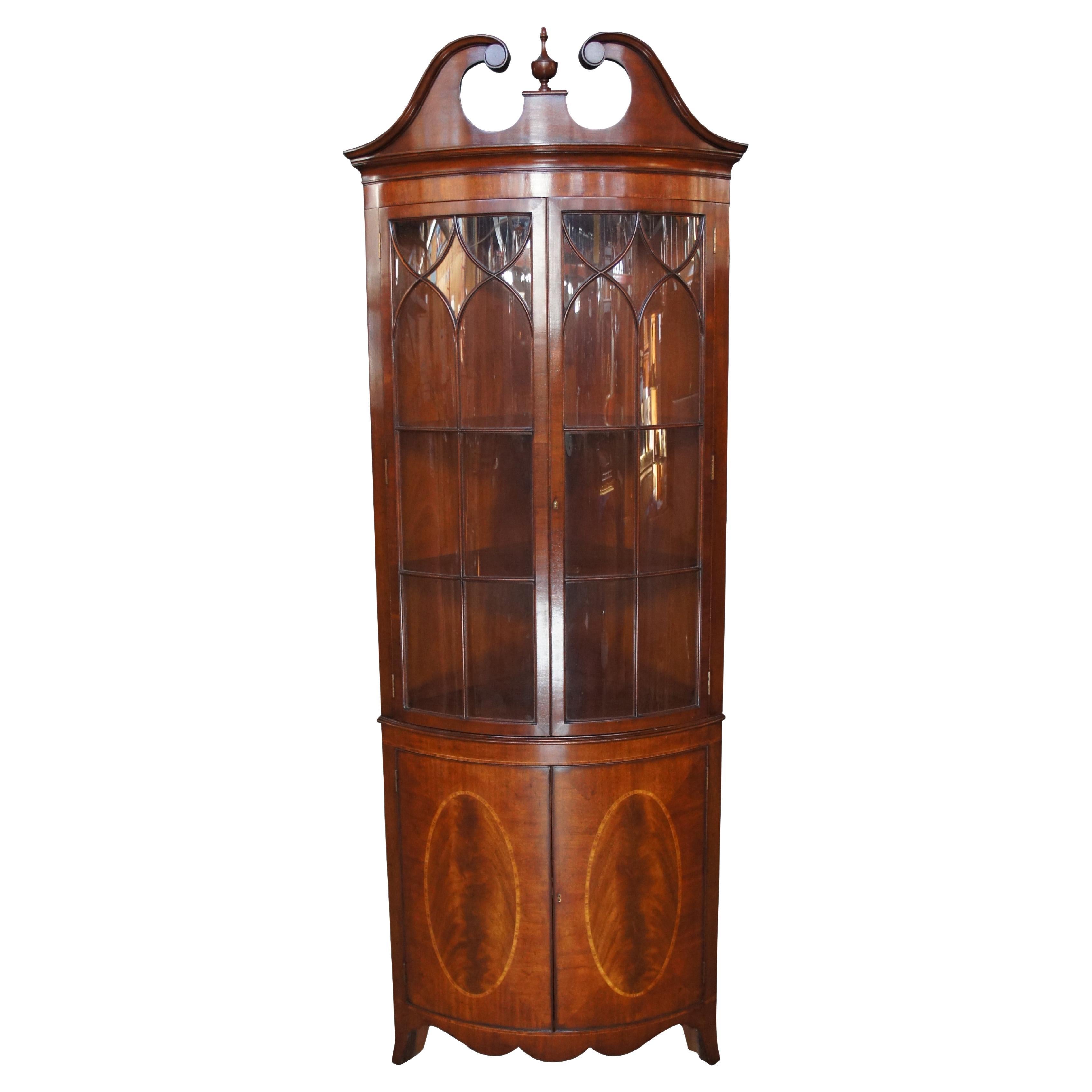 Arthur Brett George III Style Crotch Mahogany Curved Corner China Curio Cabinet For Sale
