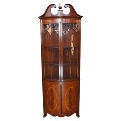 Vintage Arthur Brett George III Style Crotch Mahogany Curved Corner China Curio Cabinet