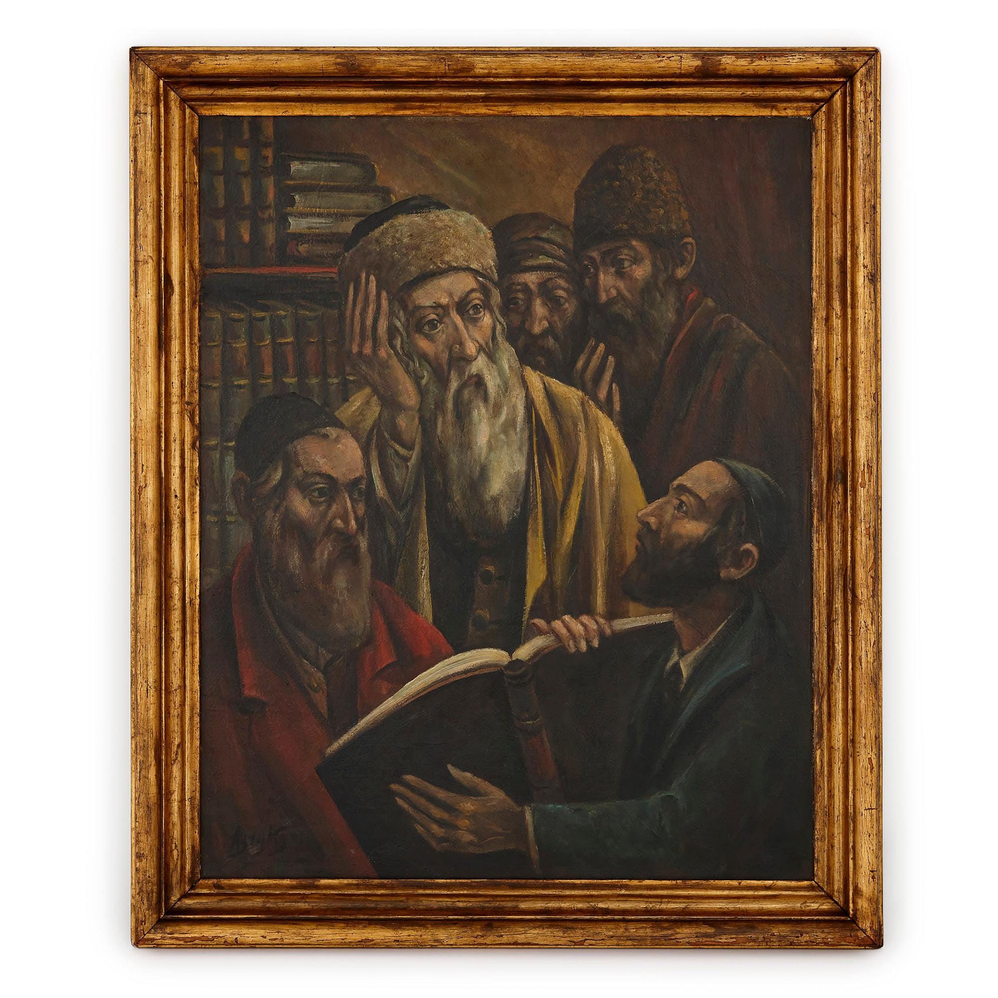 Peinture à l'huile polonaise d'hommes juifs étudiant par Arthur Bryks