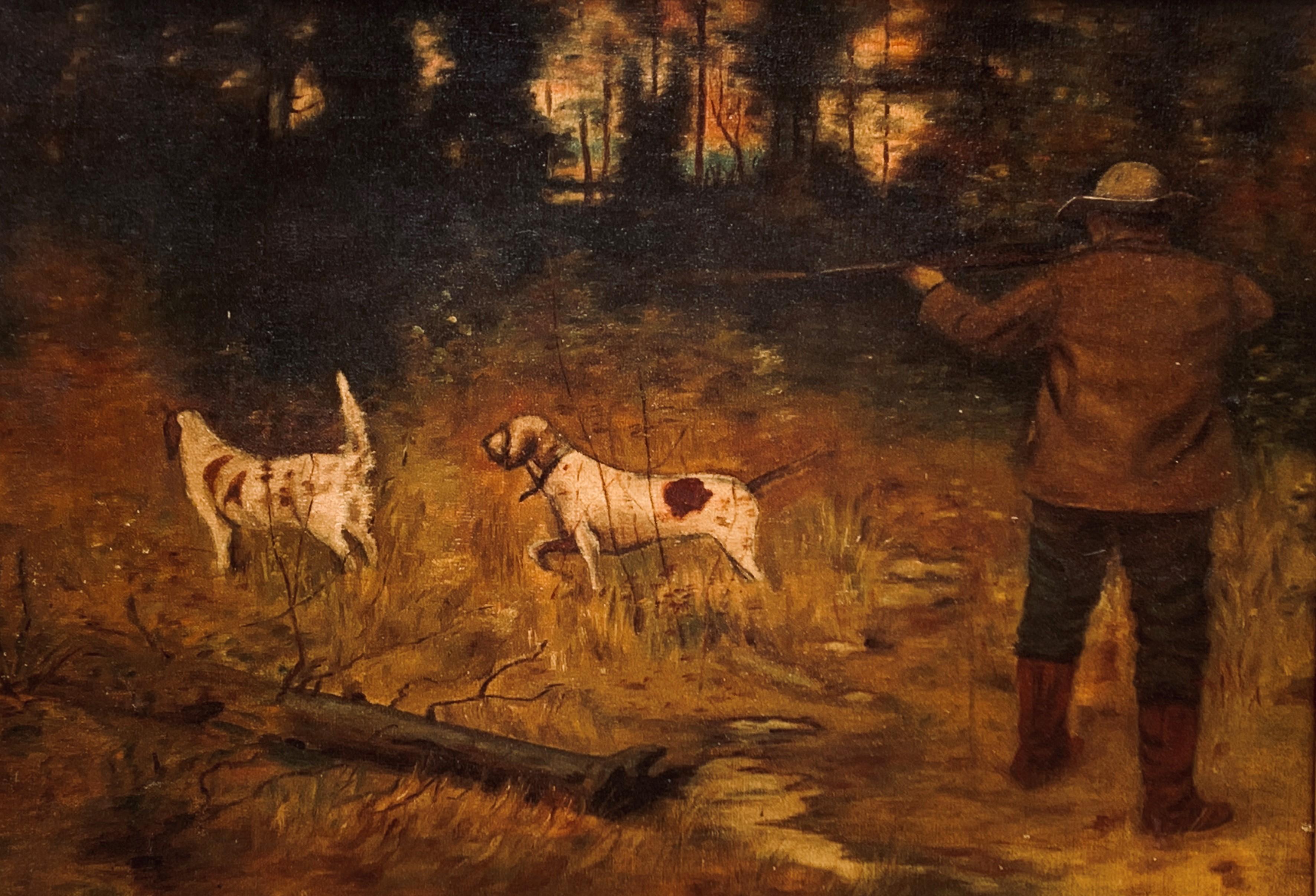 Possibly by Arthur B. Frost, Illustration of Hunter with Dogs - Painting by Arthur Burdett Frost