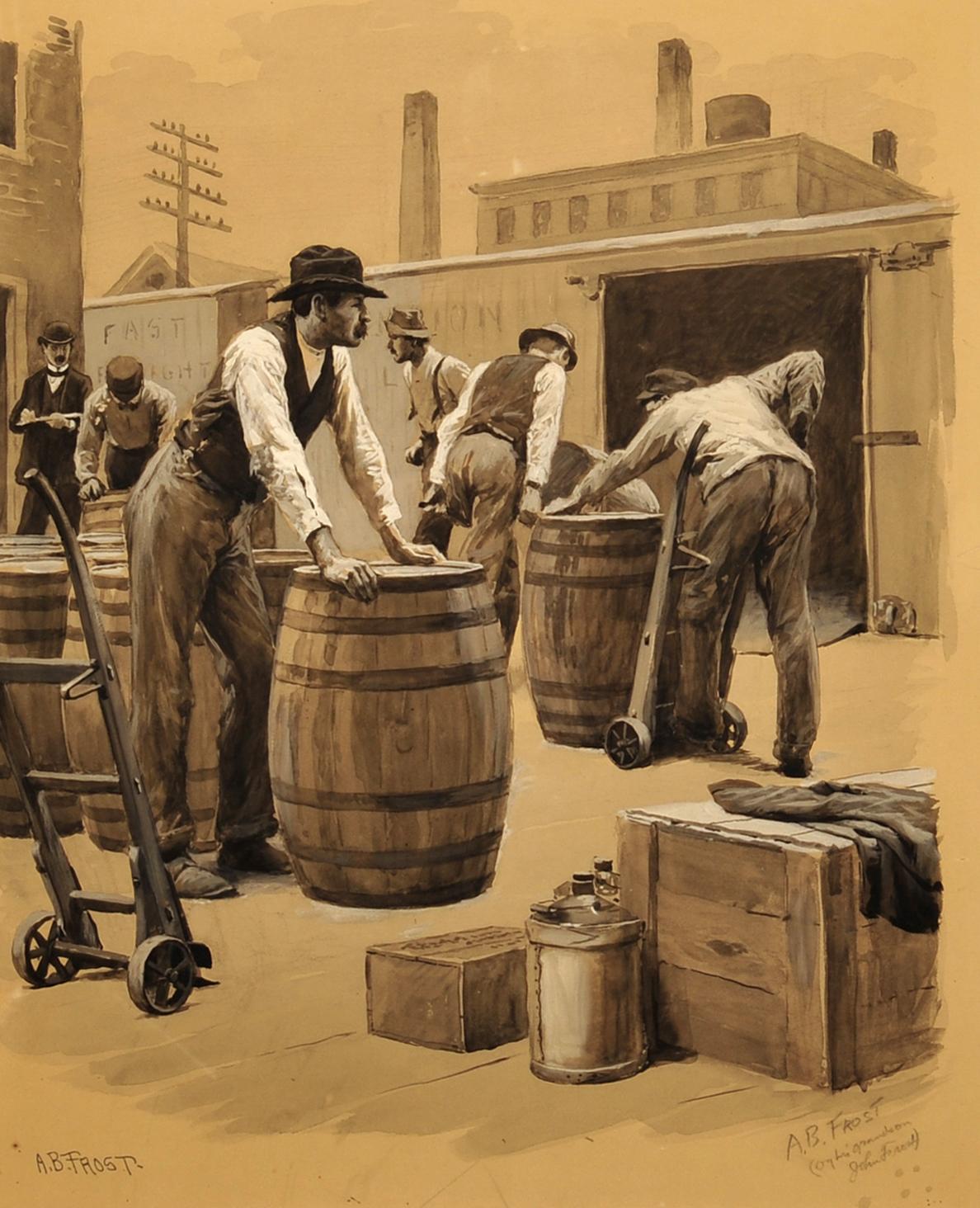 Workers Loading Freight Train - Painting by Arthur Burdett Frost