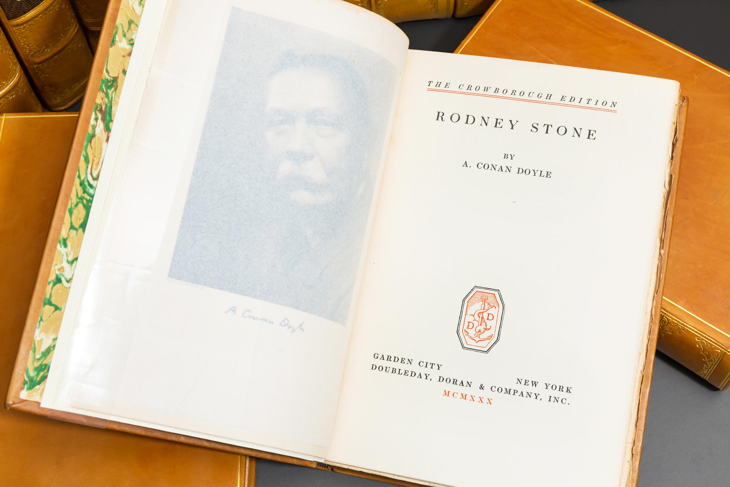24 Volumes. 

Arthur C. Doyle. Complete Works. “Crowborough Edition” limited to
760 numbered sets, the first volume of each set signed by the author, this is
#86. rebound in full tan polished calf, marbled Endpapers, top edges gilt,