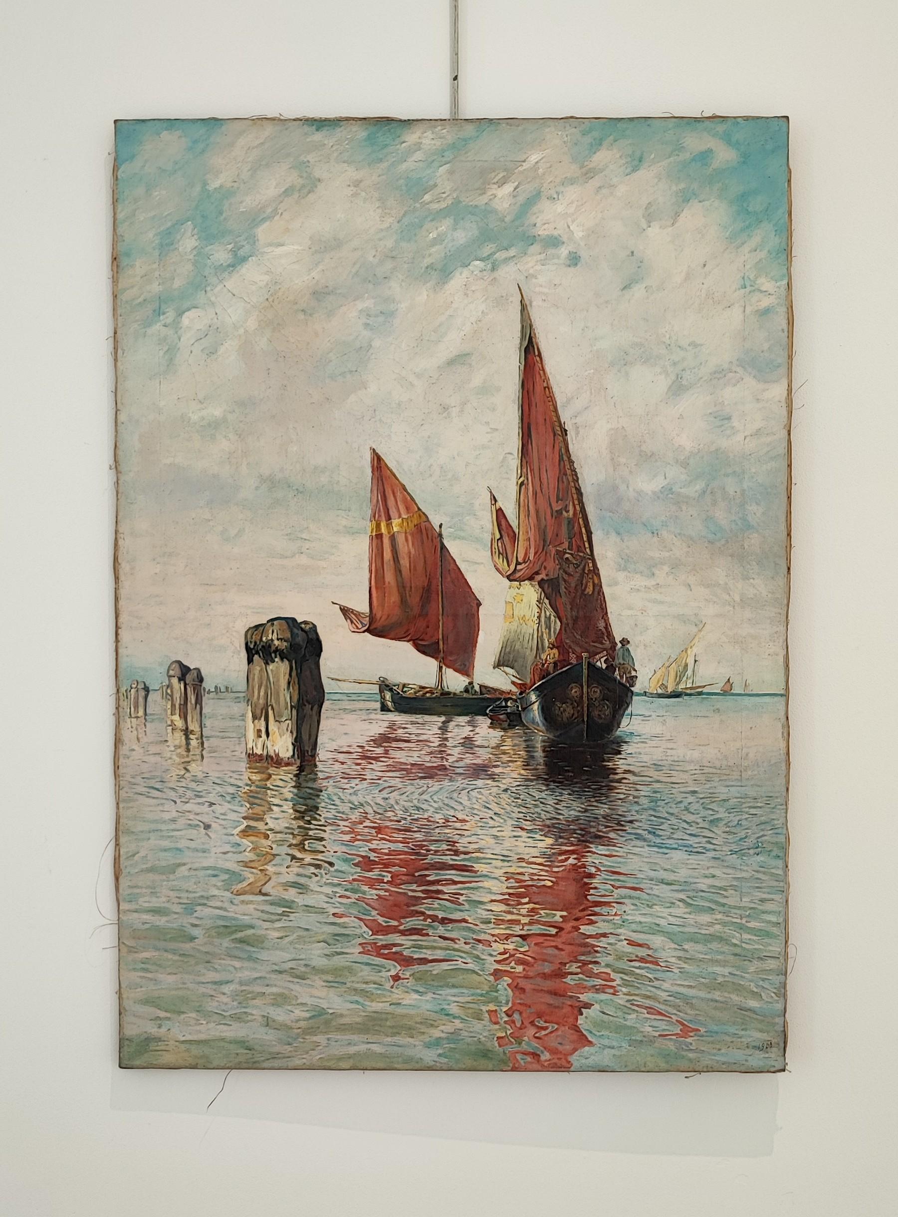 Barche da pesca nella laguna di Venezia - Painting di Arthur Calame