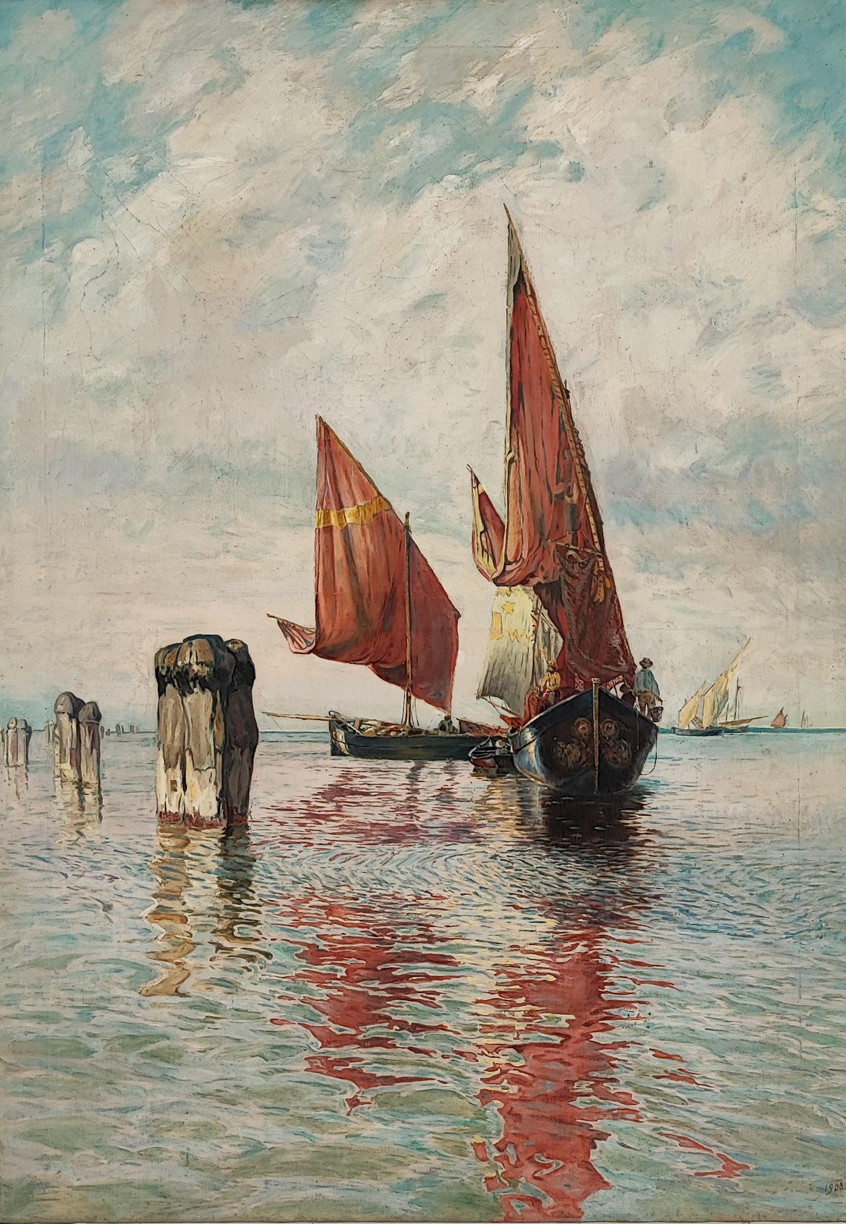 Arthur Calame Landscape Painting - Fishing boats on the lagoon of Venice