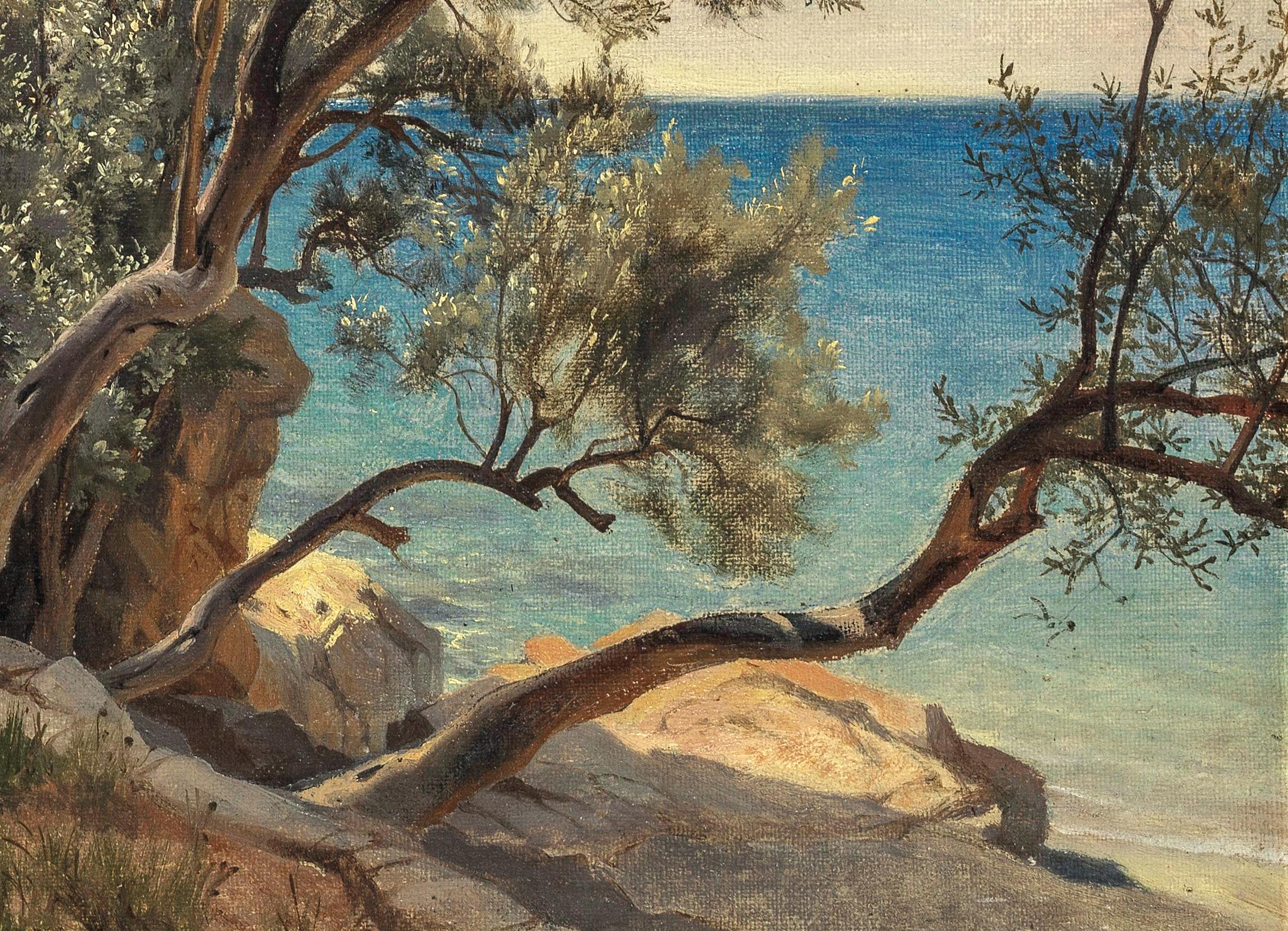 Mediterranean shore, probably the French Riviera - Painting by Arthur Calame