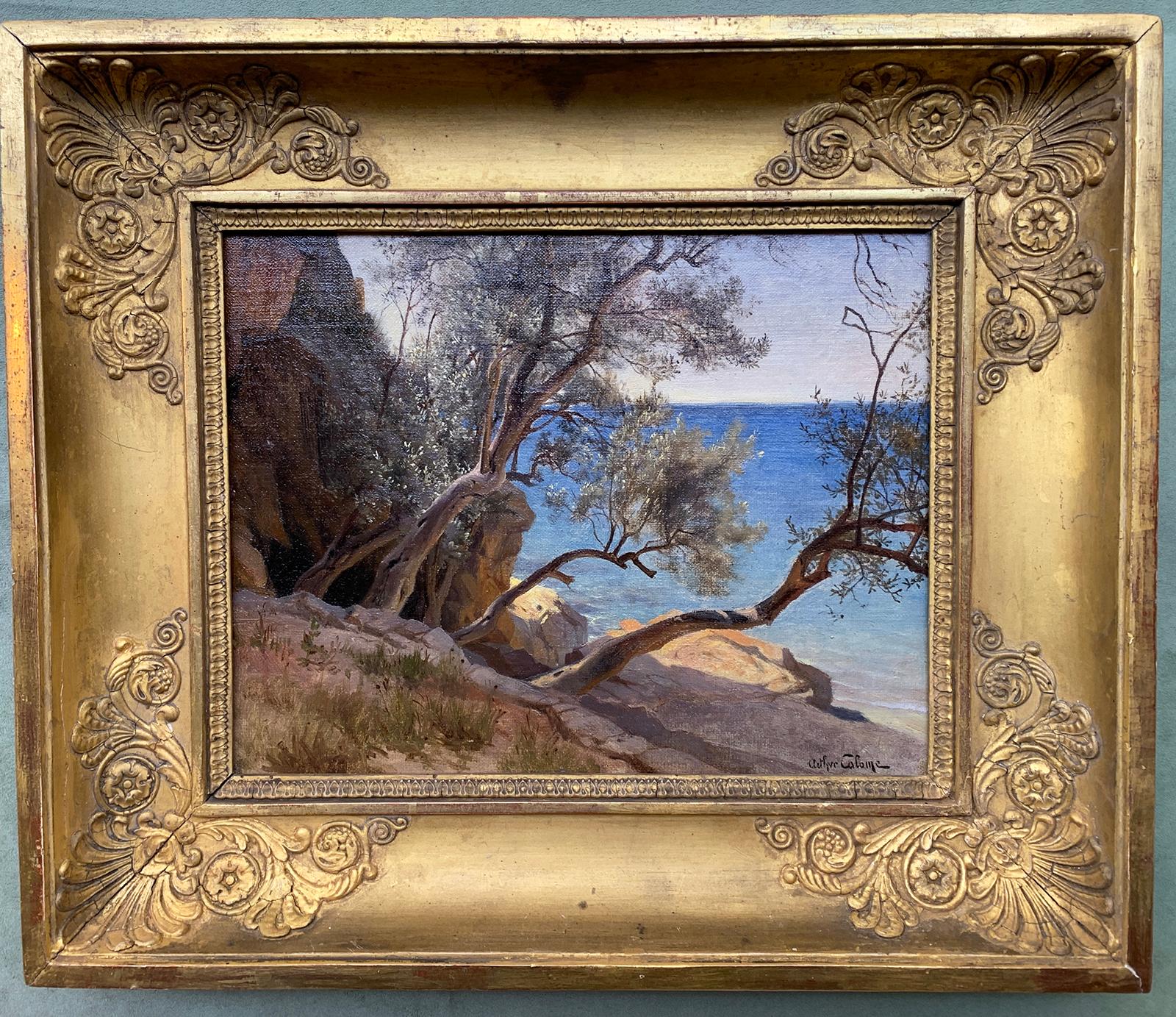 Jean-Baptiste-Arthur CALAME
(Geneva, 1843 - Geneva, 1919)
Mediterranean shore, probably the Côte d'Azur
Oil on canvas mounted on cardboard
H. 24 cm; L. 30 cm
Signed lower right
Circa 1875

In Arthur Calame's landscapes, we recognize both the