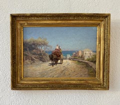 Sea View, Italy Oil Painting on Cardboard, Early 20th Century, Framed
