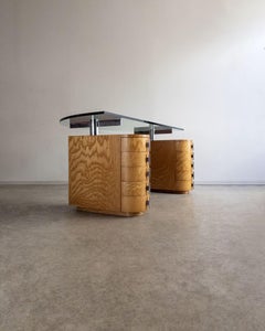 Arthur Casas Art Deco Style Desk in Burl Veneer, Glass and Chrome, Brazil, 1980s