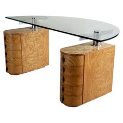 Arthur Casas Art Deco Style Desk in Burl Veneer, Glass and Chrome, Brazil, 1980s