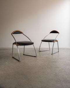 Arthur Casas Pair of Nonon Chairs in Chromed Steel, Wood and Leather, 1986