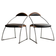 Arthur Casas Pair of Nonon Chairs in Chromed Steel, Wood and Leather, 1986