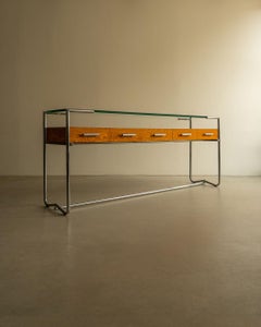 Arthur Casas Sideboard in Burl Veneer with Glass Top and Chrome, Brazil, 1990s