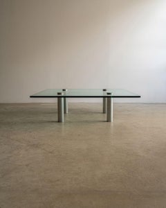 Arthur Casas Square Coffee Table in Thick Glass on Four Chromed Cylinders, 1990s