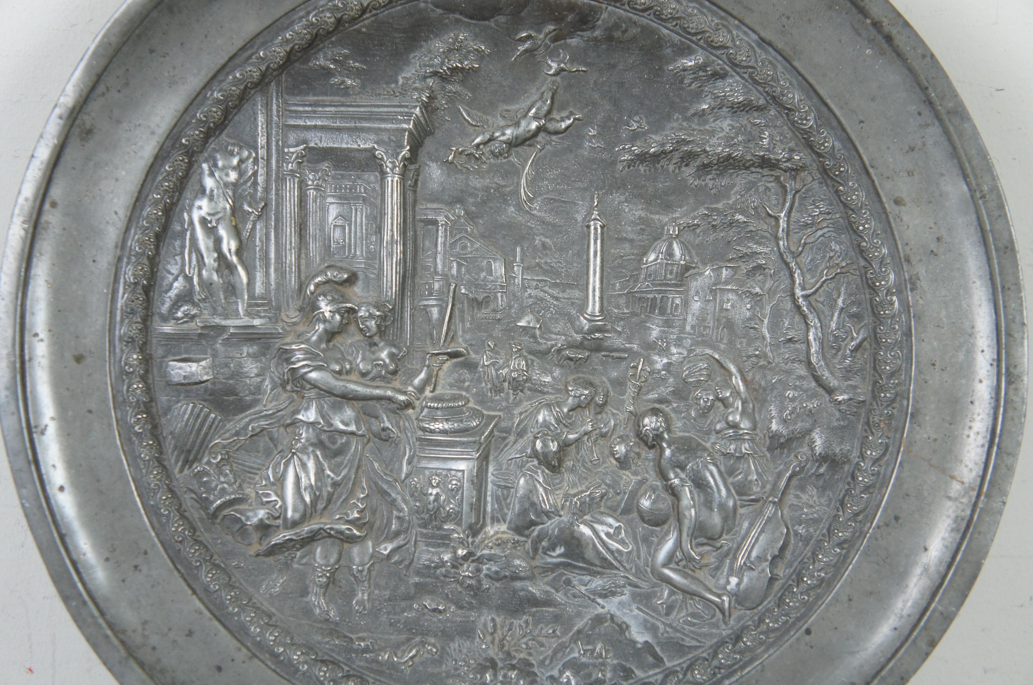 Arthur Chaumette Antique Pewter Charger Figural High Relief Athena Renaissance 5