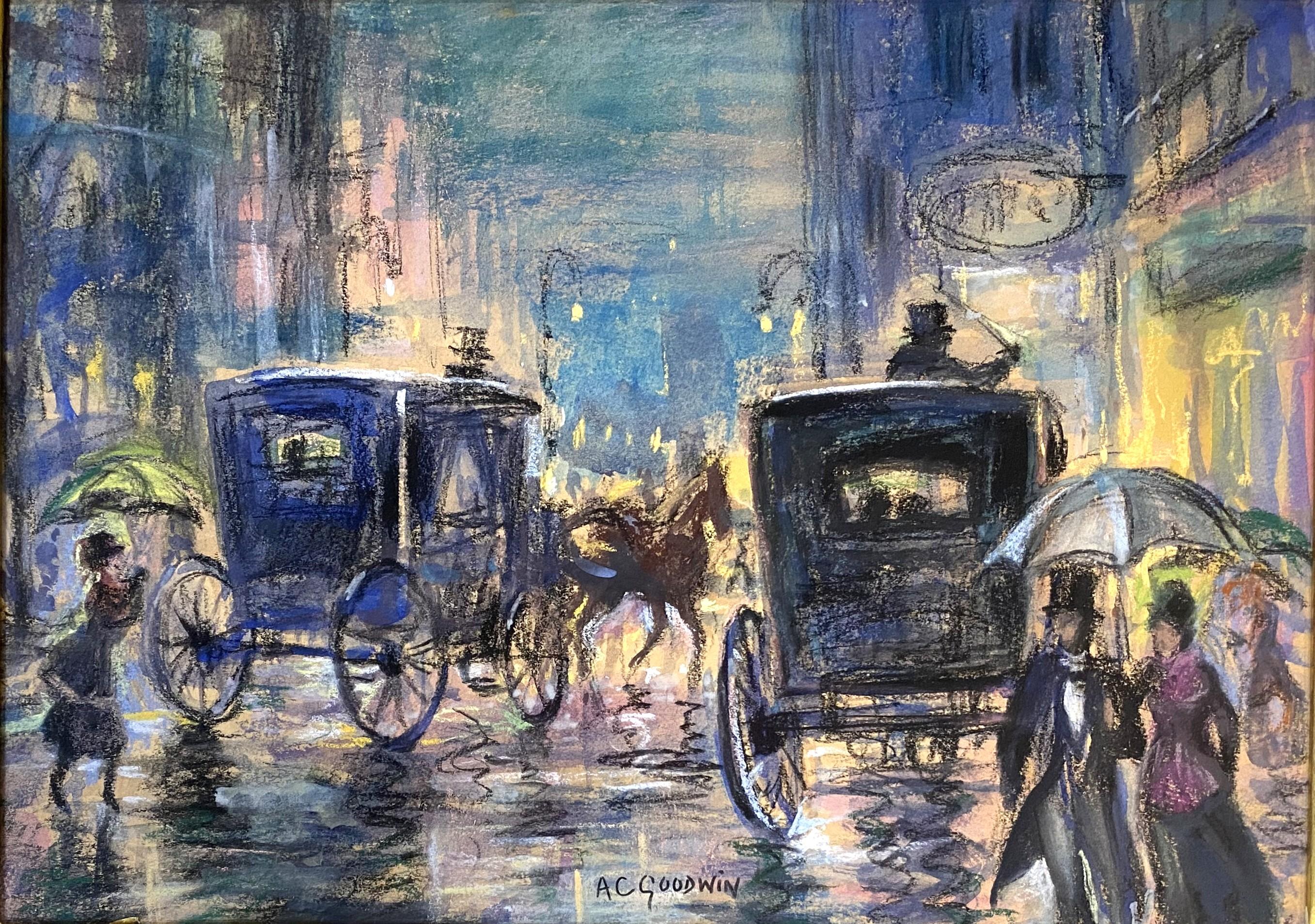 Abendliches Stadtbild mit Kutschen, möglicherweise Boston – Painting von Arthur Clifton Goodwin