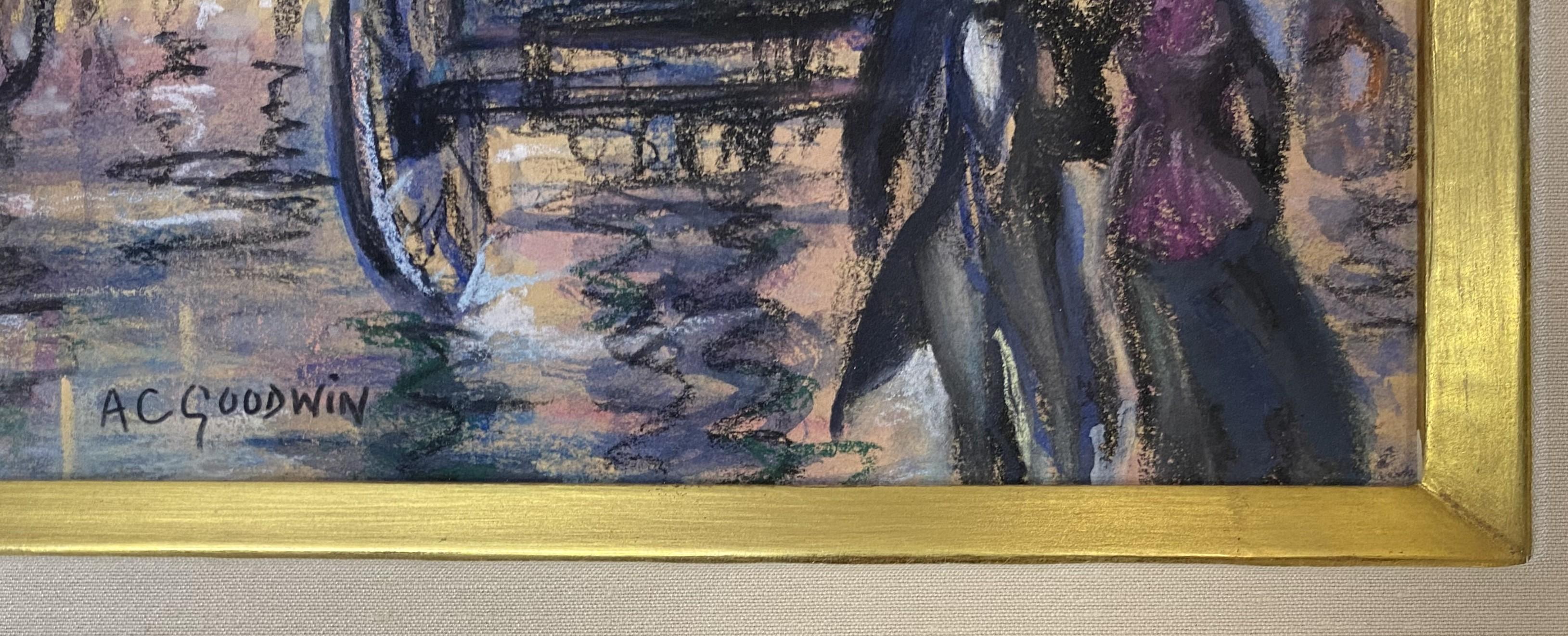 Ein feines impressionistisches Pastell mit abendlicher Stadtlandschaft mit Kutschen, möglicherweise Boston, von dem amerikanischen Künstler Arthur Clifton Goodwin (1864-1929). Der in Portsmouth, New Hampshire, geborene Goodwin lebte und arbeitete