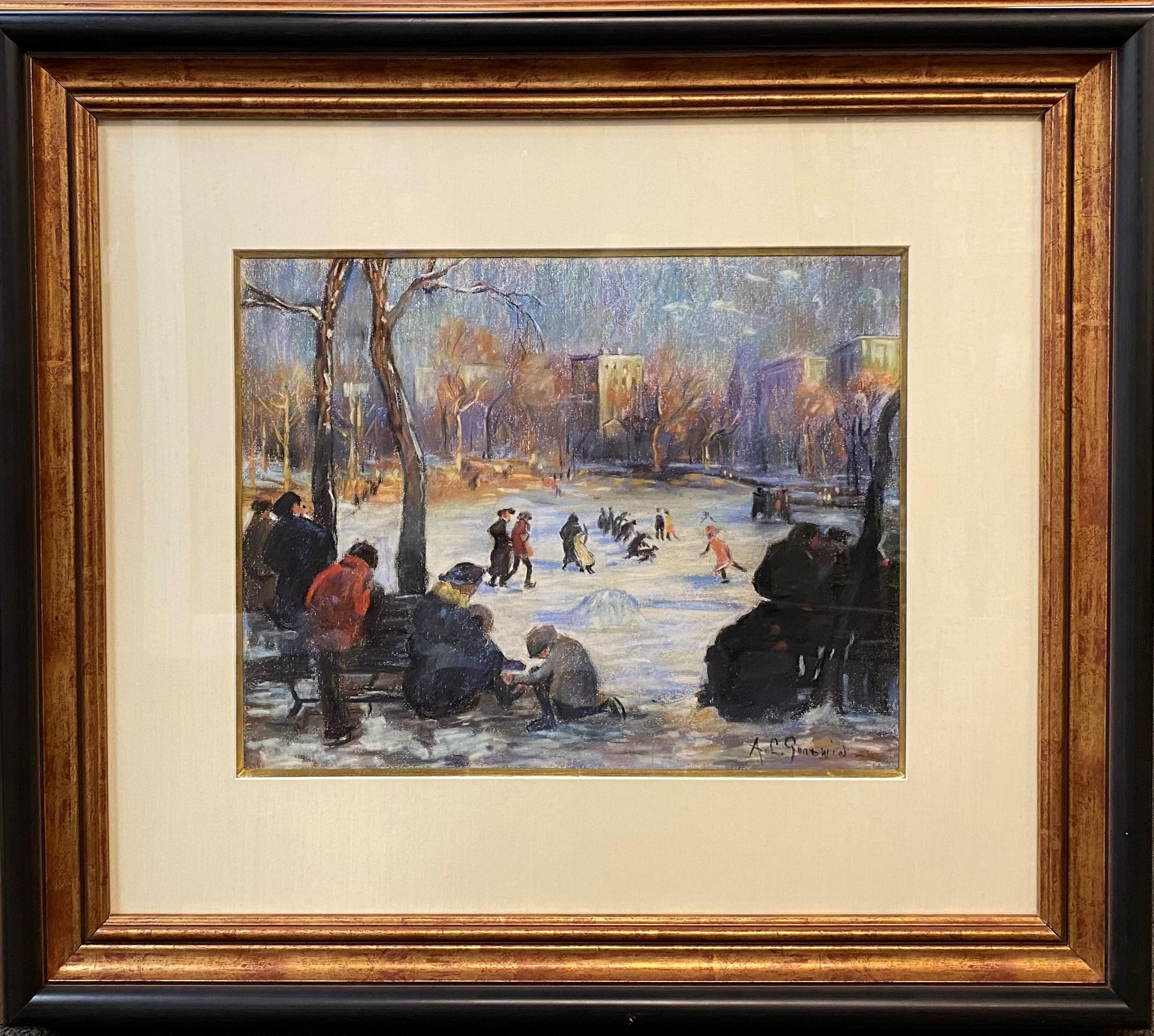 Skaters on the Frog Pond, Boston - Painting by Arthur Clifton Goodwin