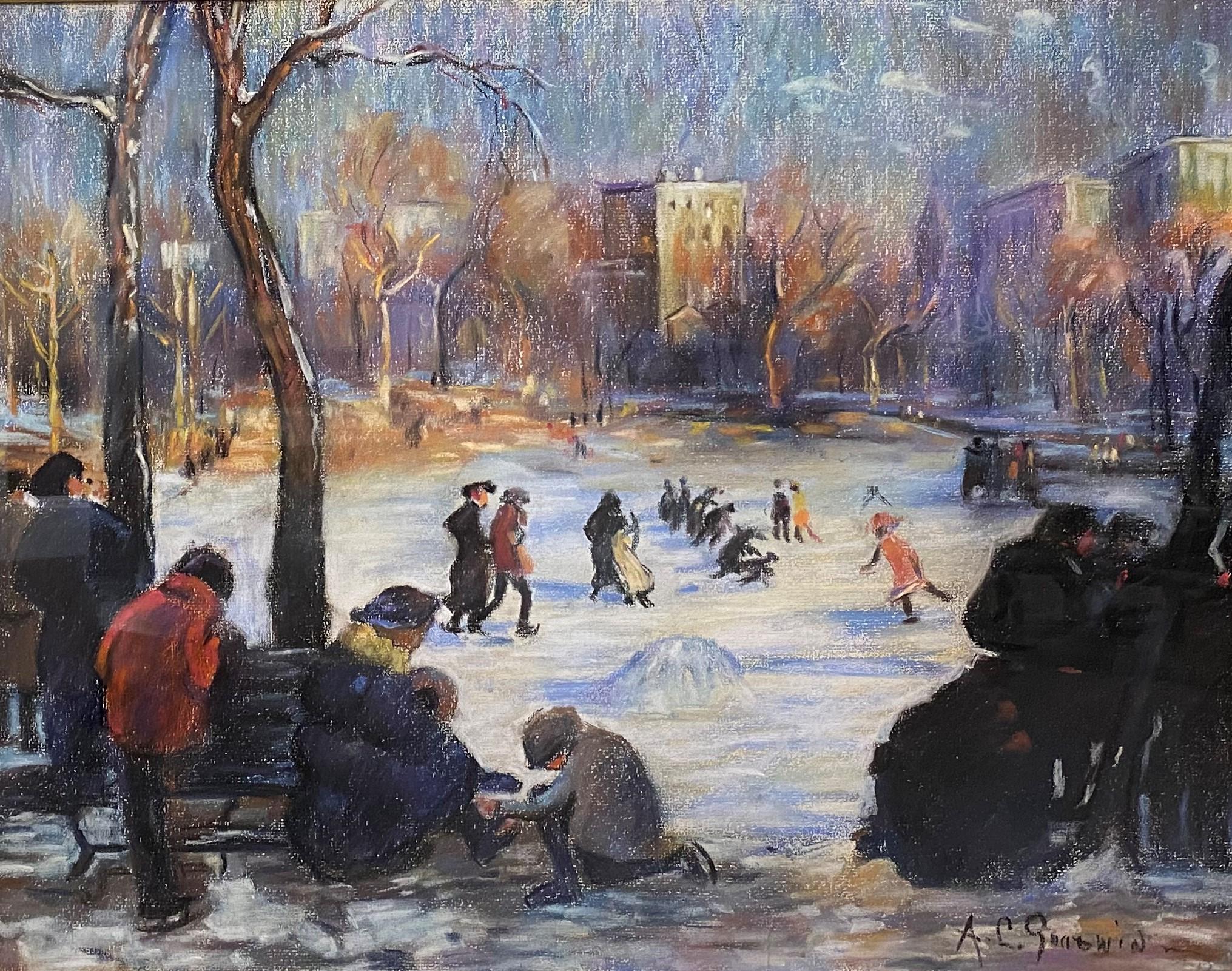 Arthur Clifton Goodwin Landscape Painting - Skaters on the Frog Pond, Boston