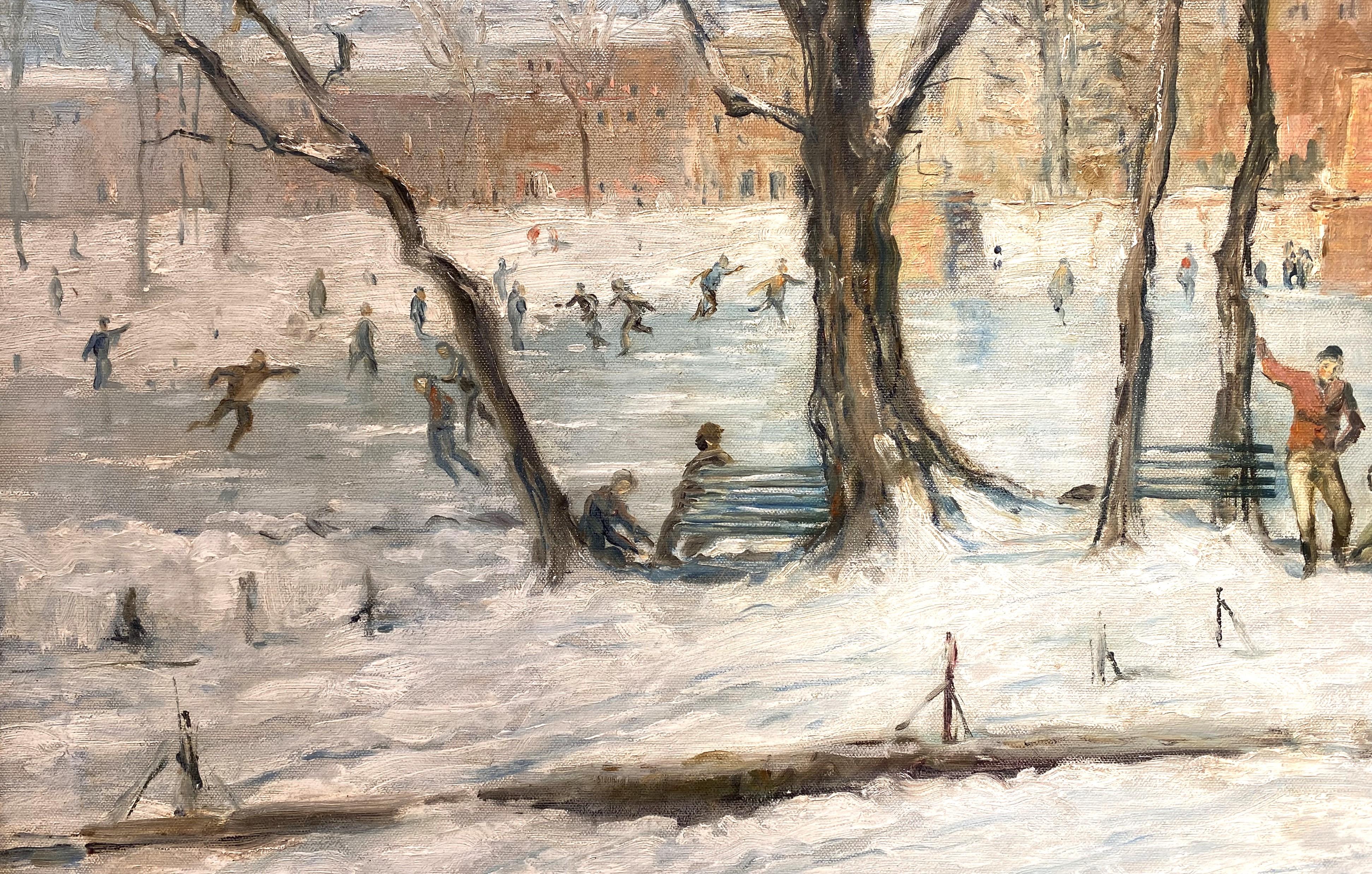 A fine winter cityscape with a fun scene of people skating in Boston by American artist (1864-1929). Born in Portsmouth, New Hampshire, Goodwin lived and worked most of his life in Massachusetts and New York, best known for his street and waterfront