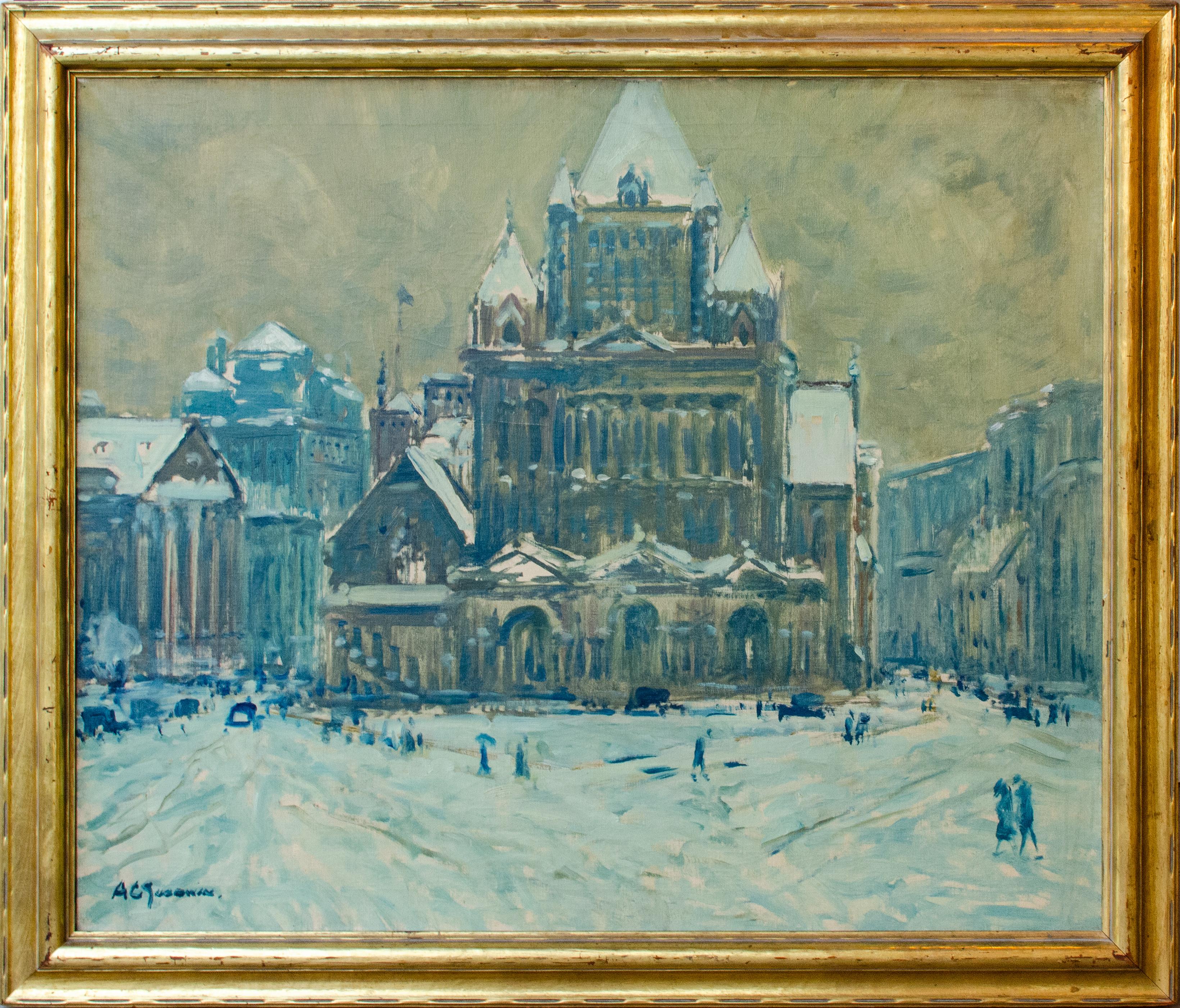 „Trinity Church, Boston“ Arthur Clifton Goodwin, Impressionismus, Schneewittchen Winter im Angebot 1