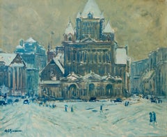Antique "Trinity Church, Boston" Arthur Clifton Goodwin, Impressionism, Snowy Winter