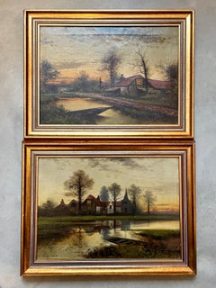 Punts on the River Paire de peintures à l'huile victoriennes d'Arthur H Cole