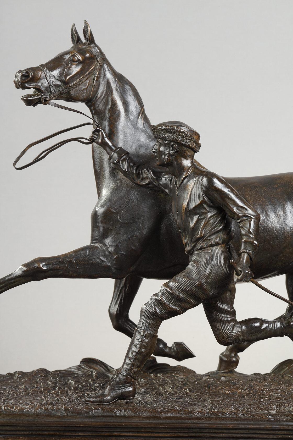 Horse training with its stable lad - Sculpture by Arthur comte du Passage 